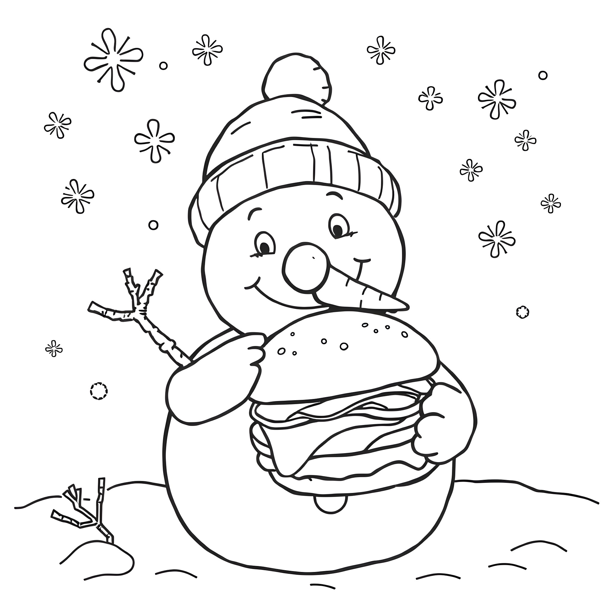 Snowman enjoying a tasty burger in the winter Coloring Page (free black-and-white line drawing printable PDF for all, from beginners to advanced learners, including children, teens, adults, and seniors)