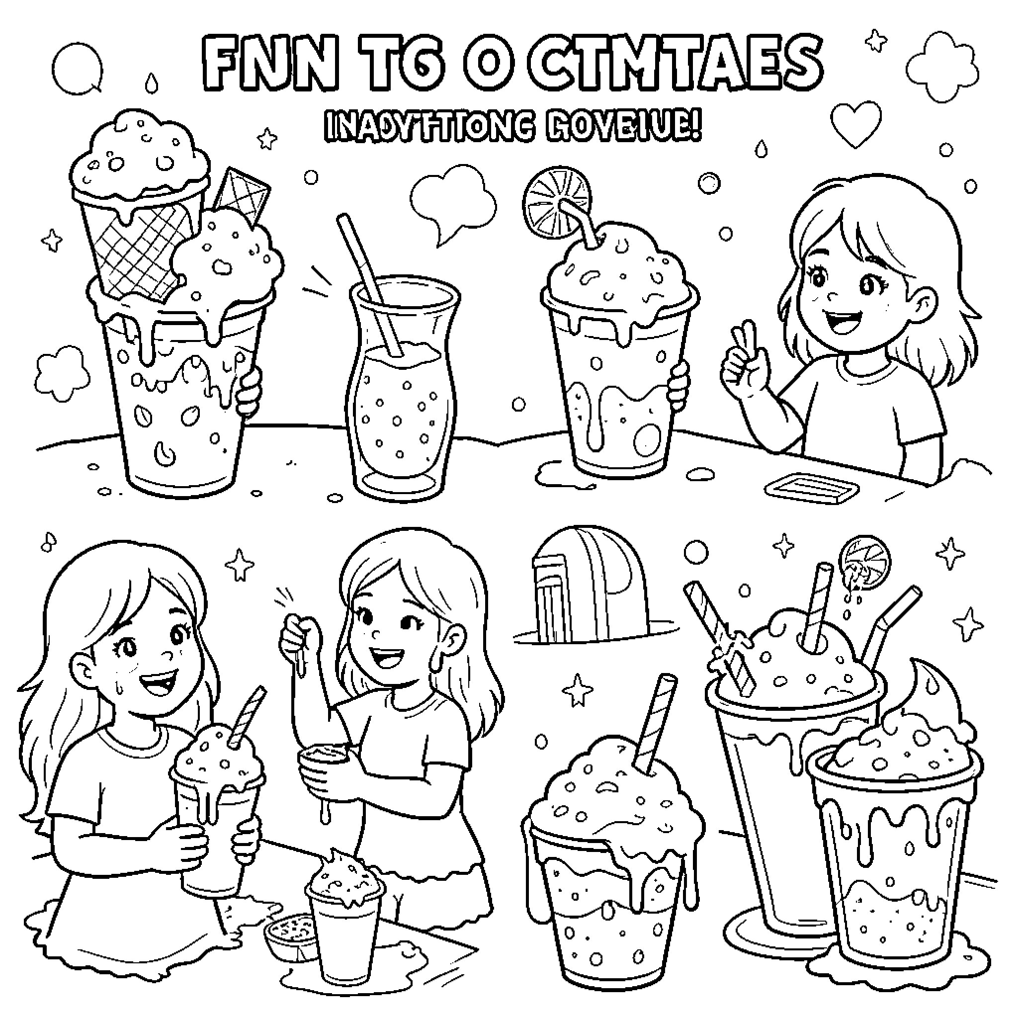Slushy drinks being enjoyed by cheerful young girls Coloring Page (free black-and-white line drawing printable PDF for all, from beginners to advanced learners, including children, teens, adults, and seniors)