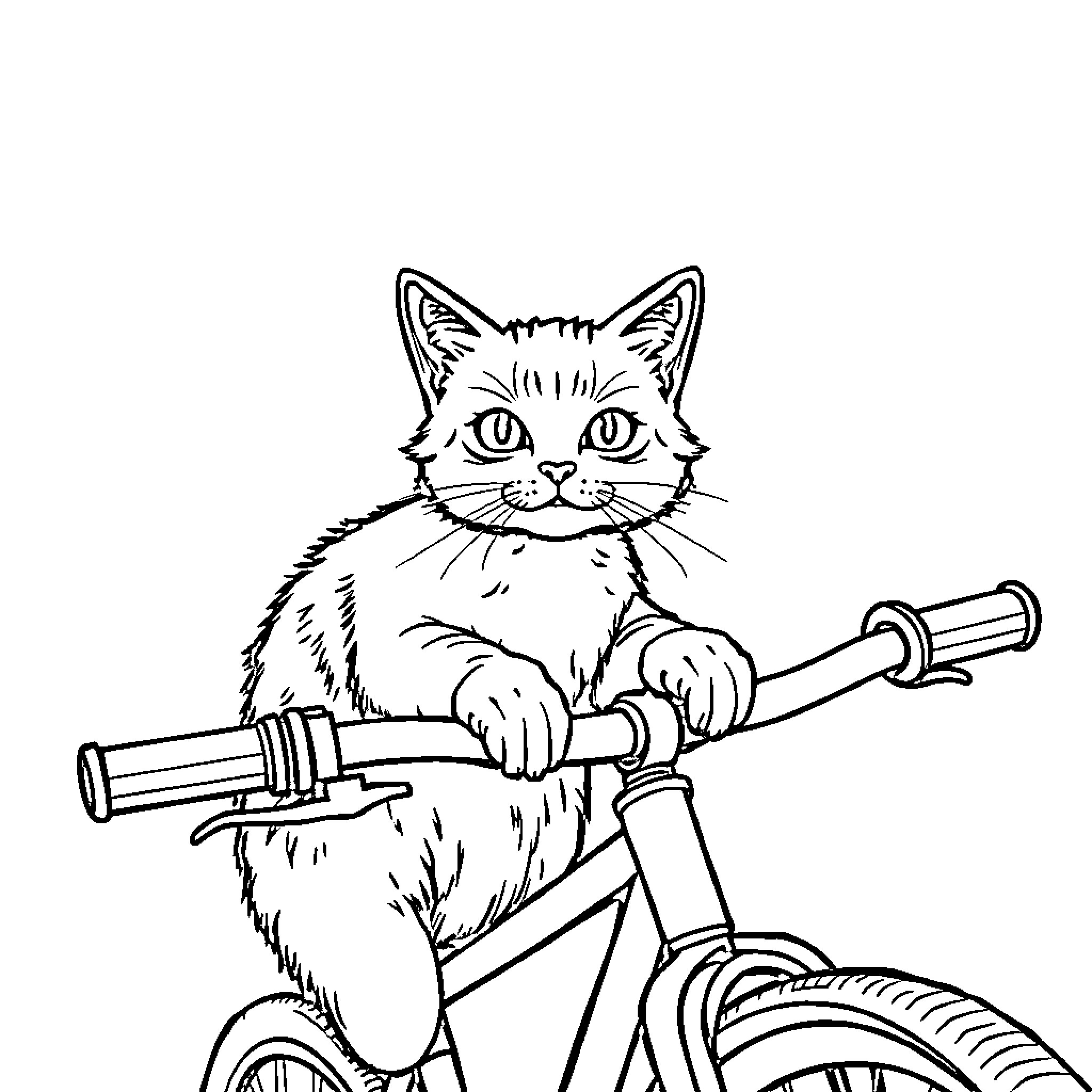 Cat riding a bicycle Coloring Page (free black-and-white line drawing printable PDF for all, from beginners to advanced learners, including children, teens, adults, and seniors)