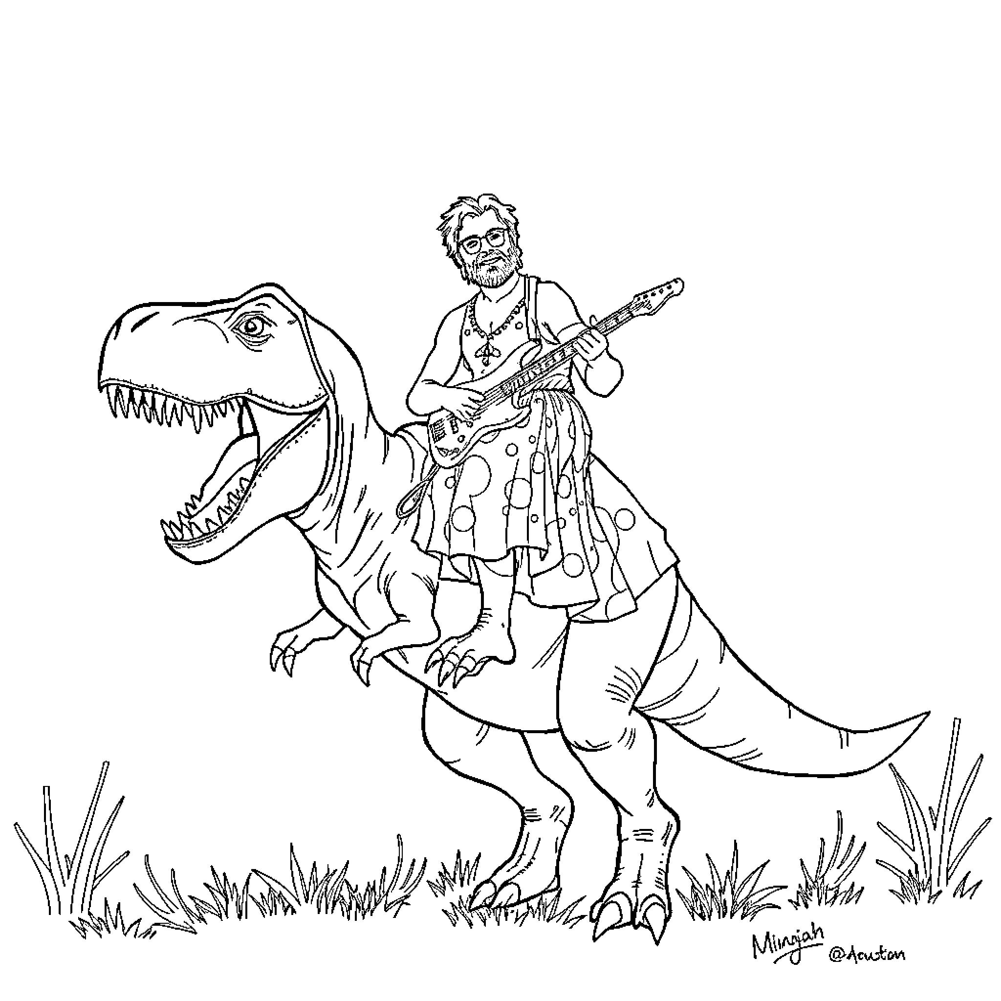 T-Rex and Guitarist in Prehistoric Landscape Coloring Page (free black-and-white line drawing printable PDF for all, from beginners to advanced learners, including children, teens, adults, and seniors)