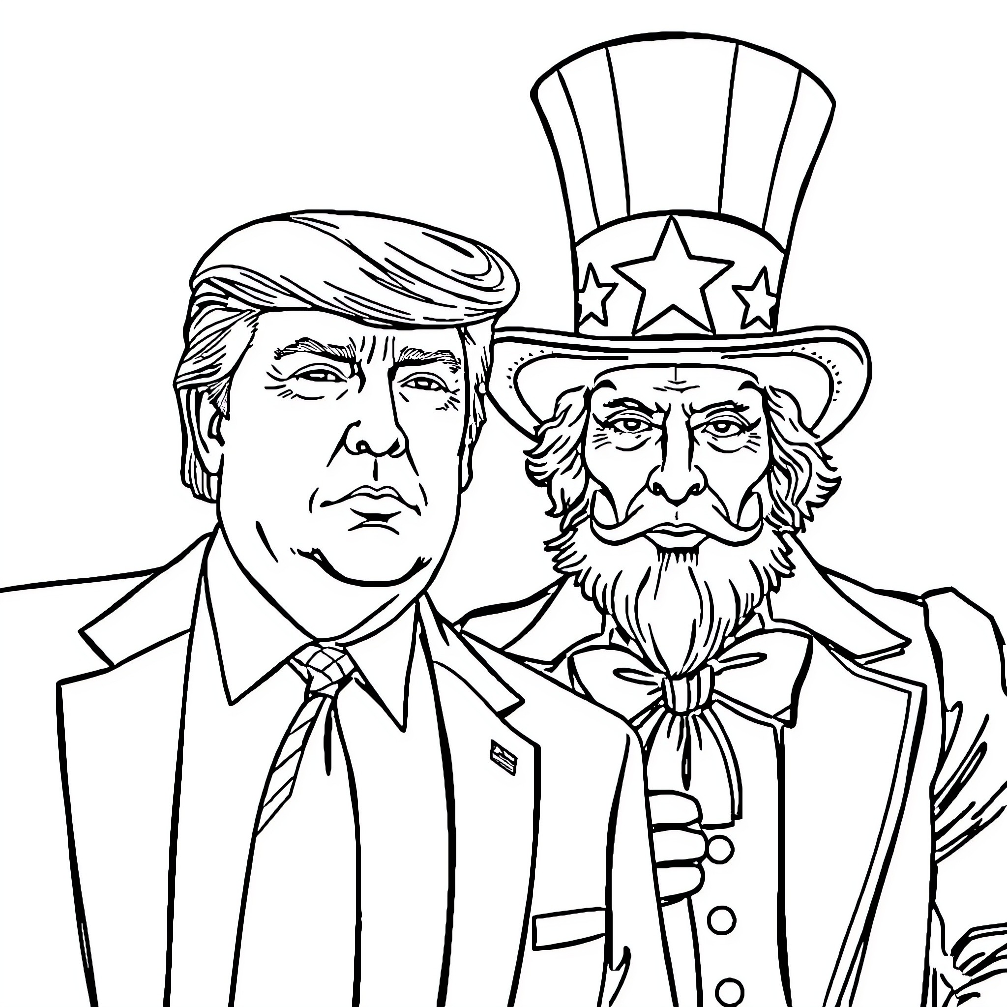 Donald Trump and Uncle Sam in Formal Attire Coloring Page (free black-and-white line drawing printable PDF for all, from beginners to advanced learners, including children, teens, adults, and seniors)