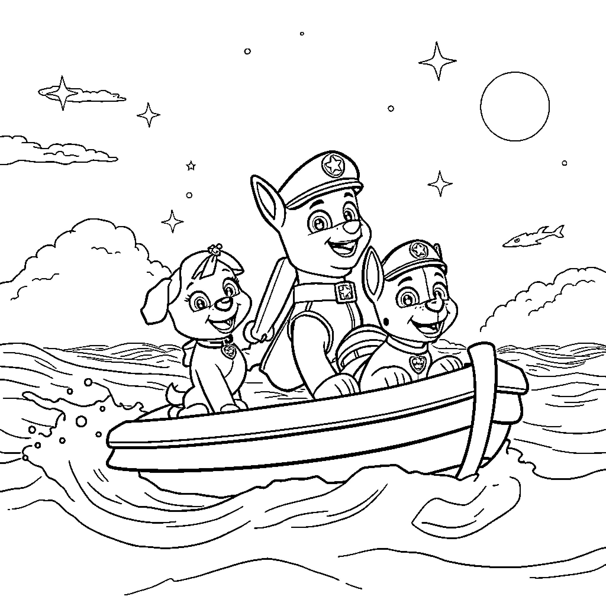 Paw Patrol adventuring on the high seas Coloring Page (free black-and-white line drawing printable PDF for all, from beginners to advanced learners, including children, teens, adults, and seniors)