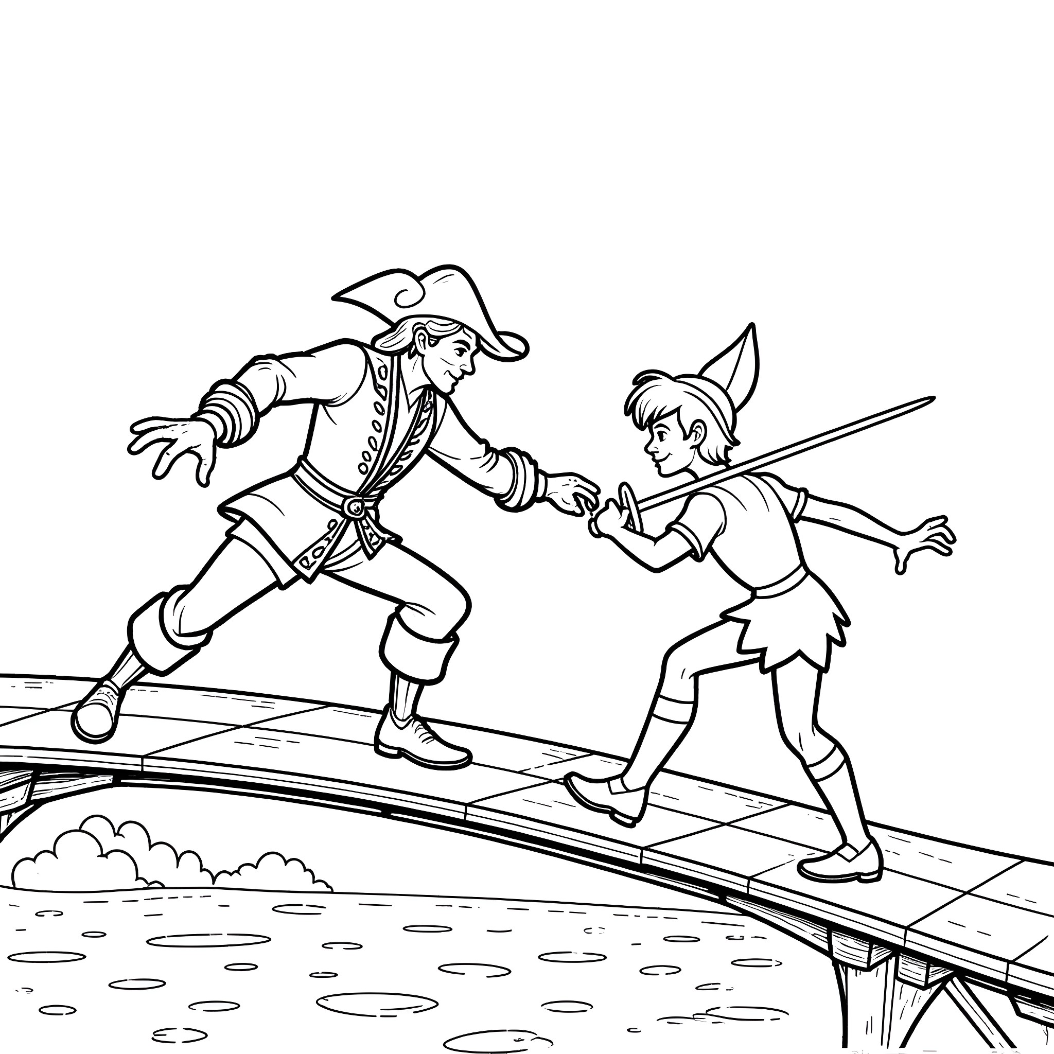 Captain Hook and Peter Pan in Sword Fight on Pirate Ship Coloring Page (free black-and-white line drawing printable PDF for all, from beginners to advanced learners, including children, teens, adults, and seniors)