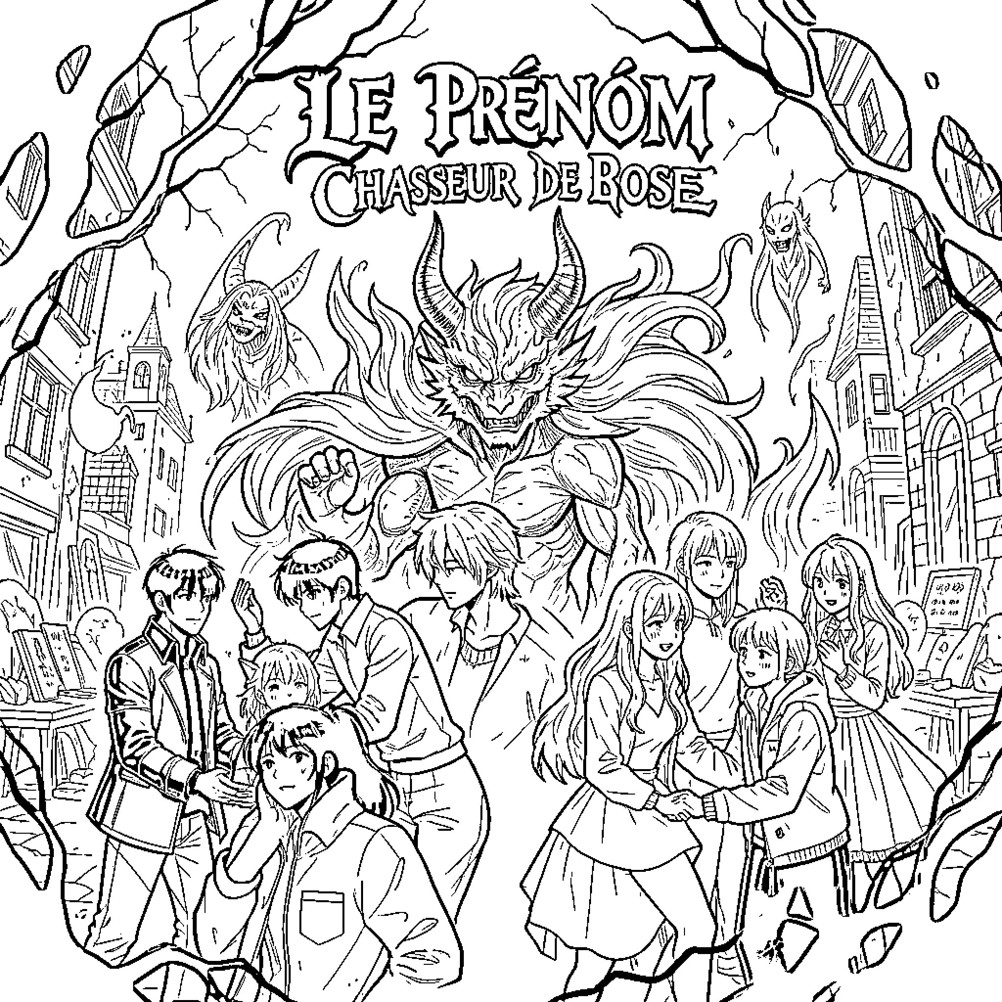 Rose characters facing monsters in a fantasy village Coloring Page (free black-and-white line drawing printable PDF for all, from beginners to advanced learners, including children, teens, adults, and seniors)