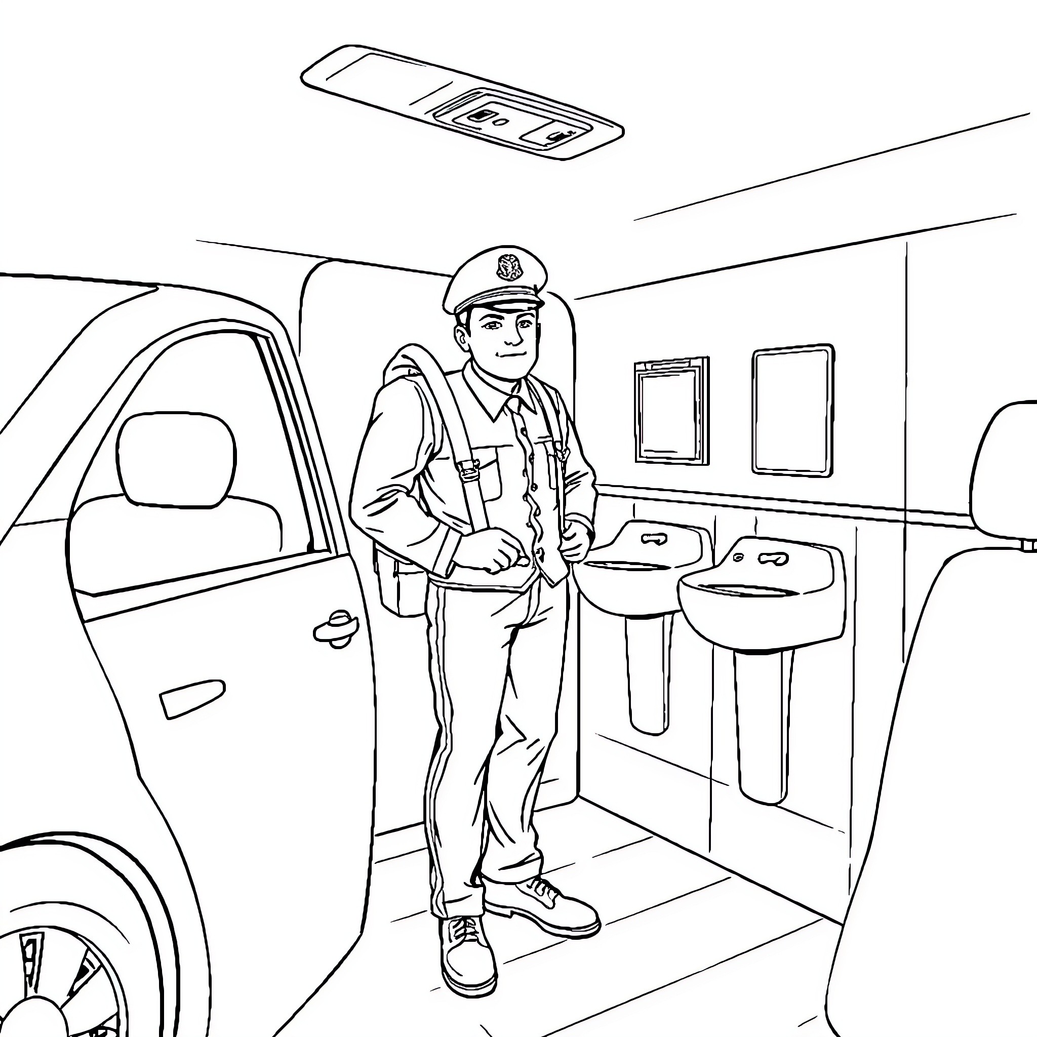 Chauffeur standing by company vehicle Coloring Page (free black-and-white line drawing printable PDF for all, from beginners to advanced learners, including children, teens, adults, and seniors)