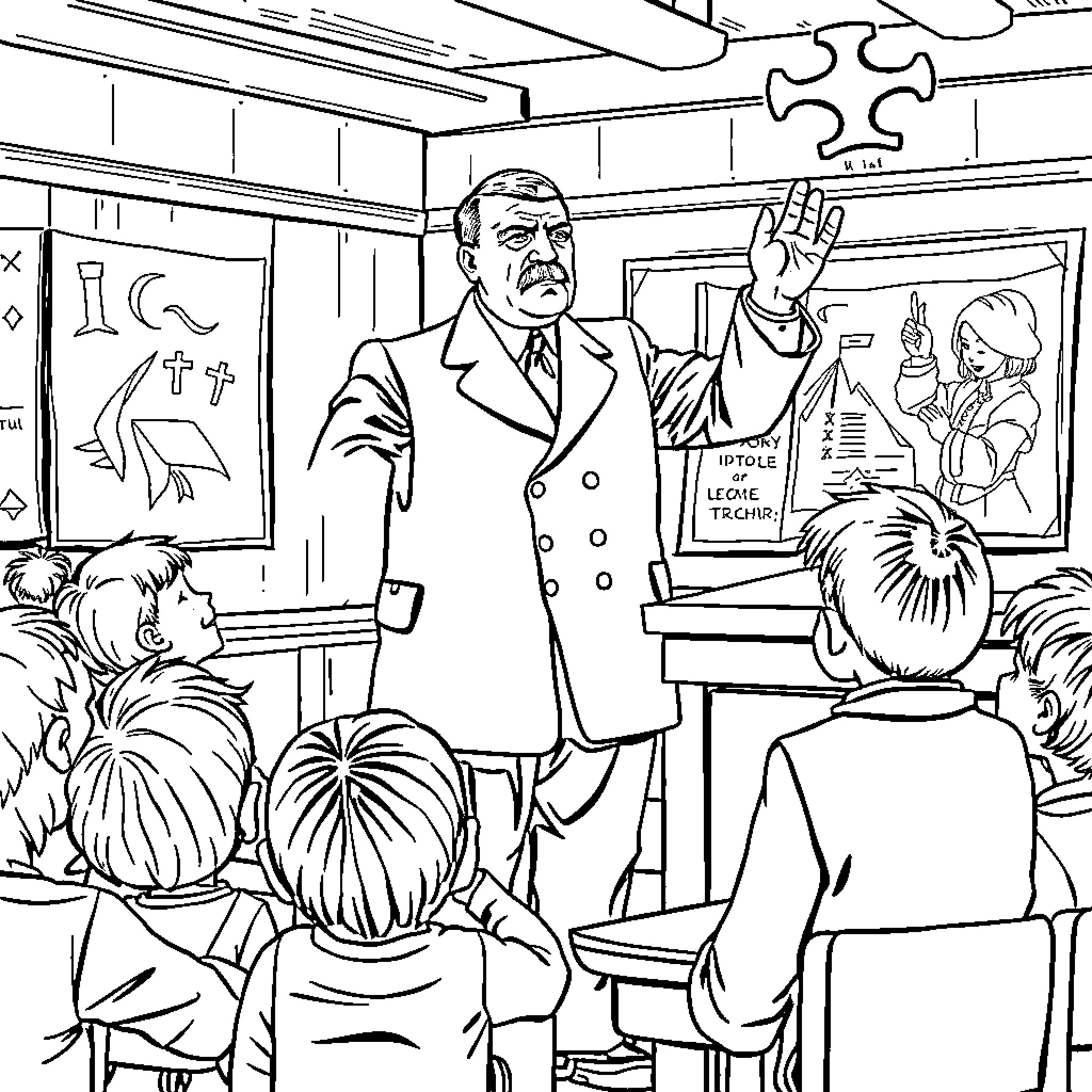 Adolf Hitler delivering speech to nationalist followers Coloring Page (free black-and-white line drawing printable PDF for all, from beginners to advanced learners, including children, teens, adults, and seniors)