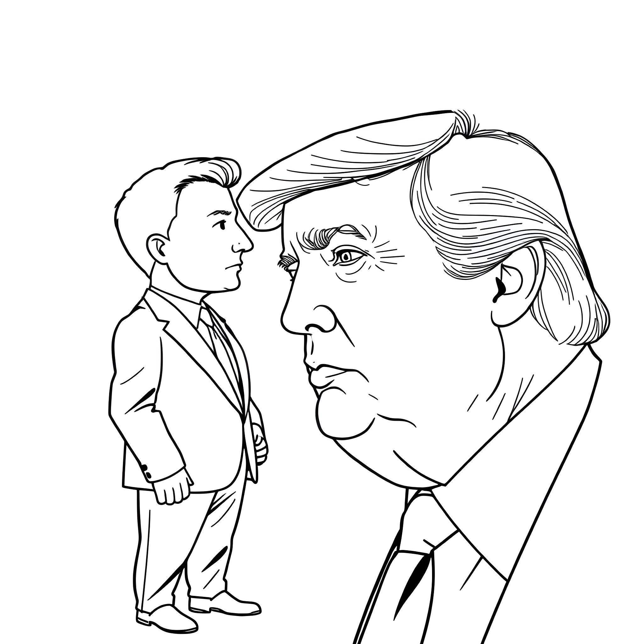 Elon Musk Contemplates Next Move with Young Advisor Coloring Page (free black-and-white line drawing printable PDF for all, from beginners to advanced learners, including children, teens, adults, and seniors)