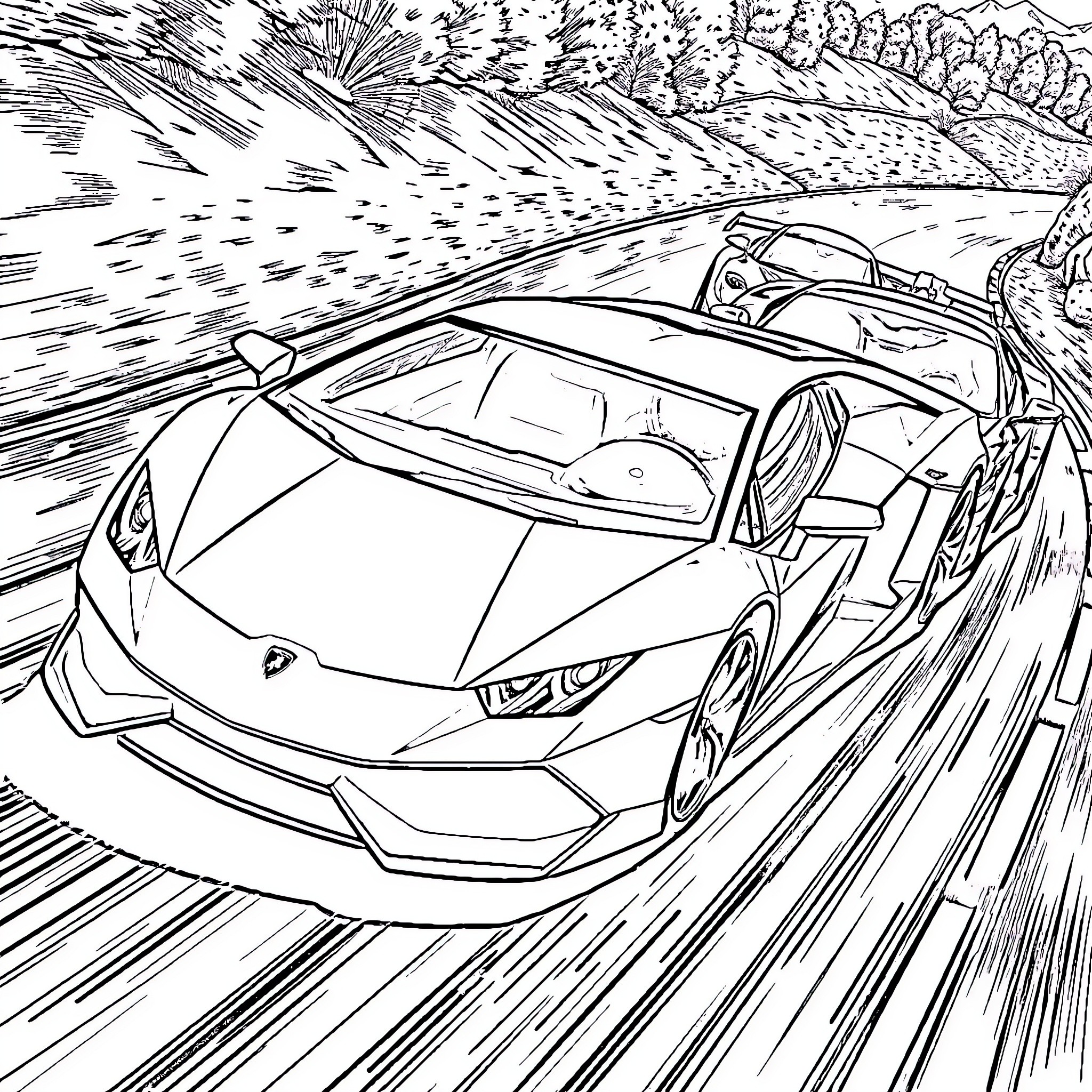 Car speeding on winding mountain road Coloring Page (free black-and-white line drawing printable PDF for all, from beginners to advanced learners, including children, teens, adults, and seniors)