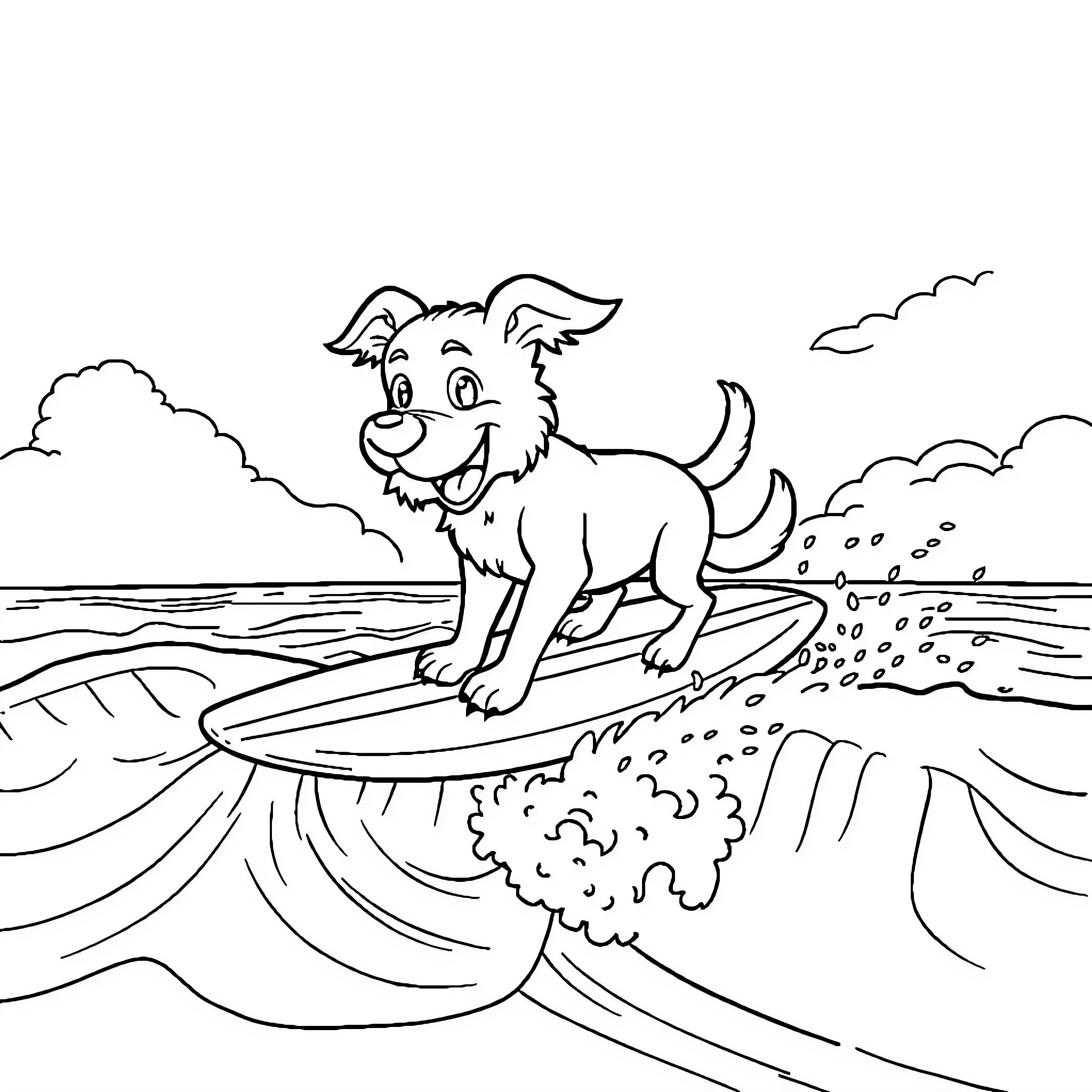 Dog Surfing Happily on Ocean Waves Coloring Page (free black-and-white line drawing printable PDF for all, from beginners to advanced learners, including children, teens, adults, and seniors)