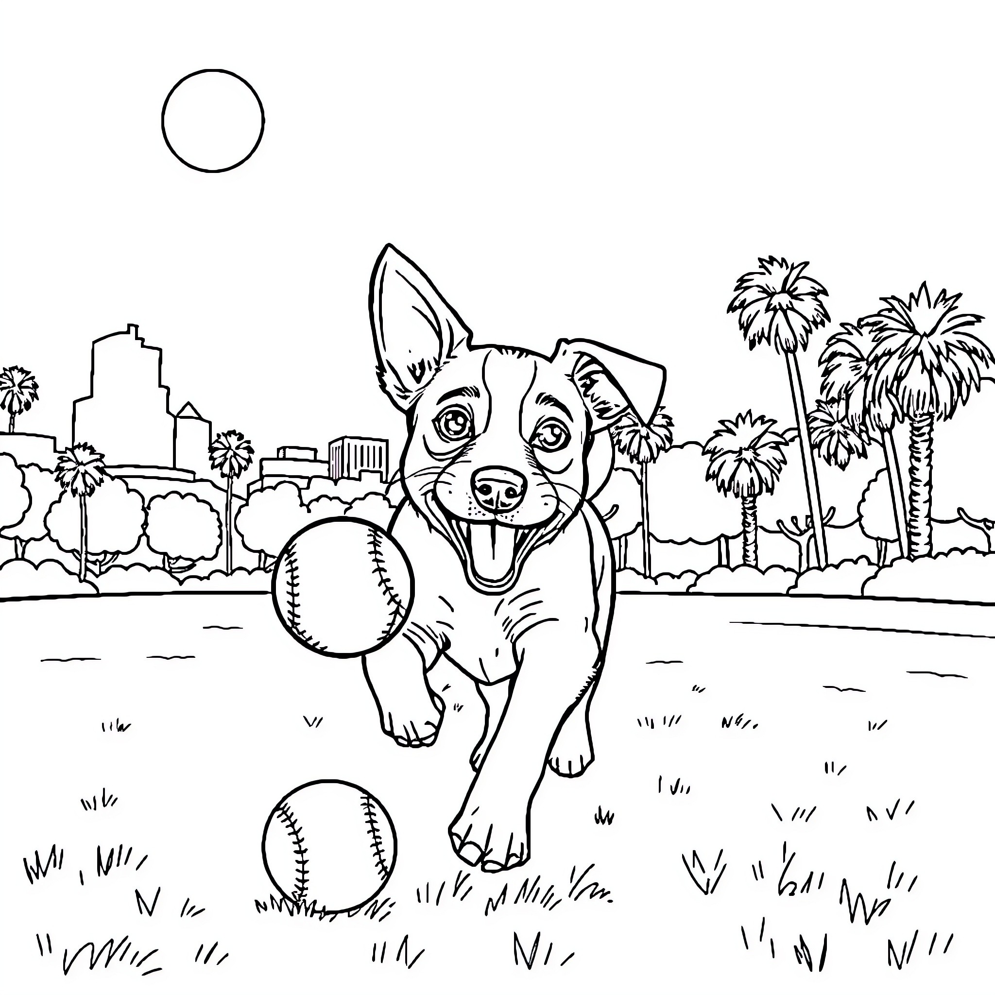 Jack Russell chasing a baseball in the park Coloring Page (free black-and-white line drawing printable PDF for all, from beginners to advanced learners, including children, teens, adults, and seniors)
