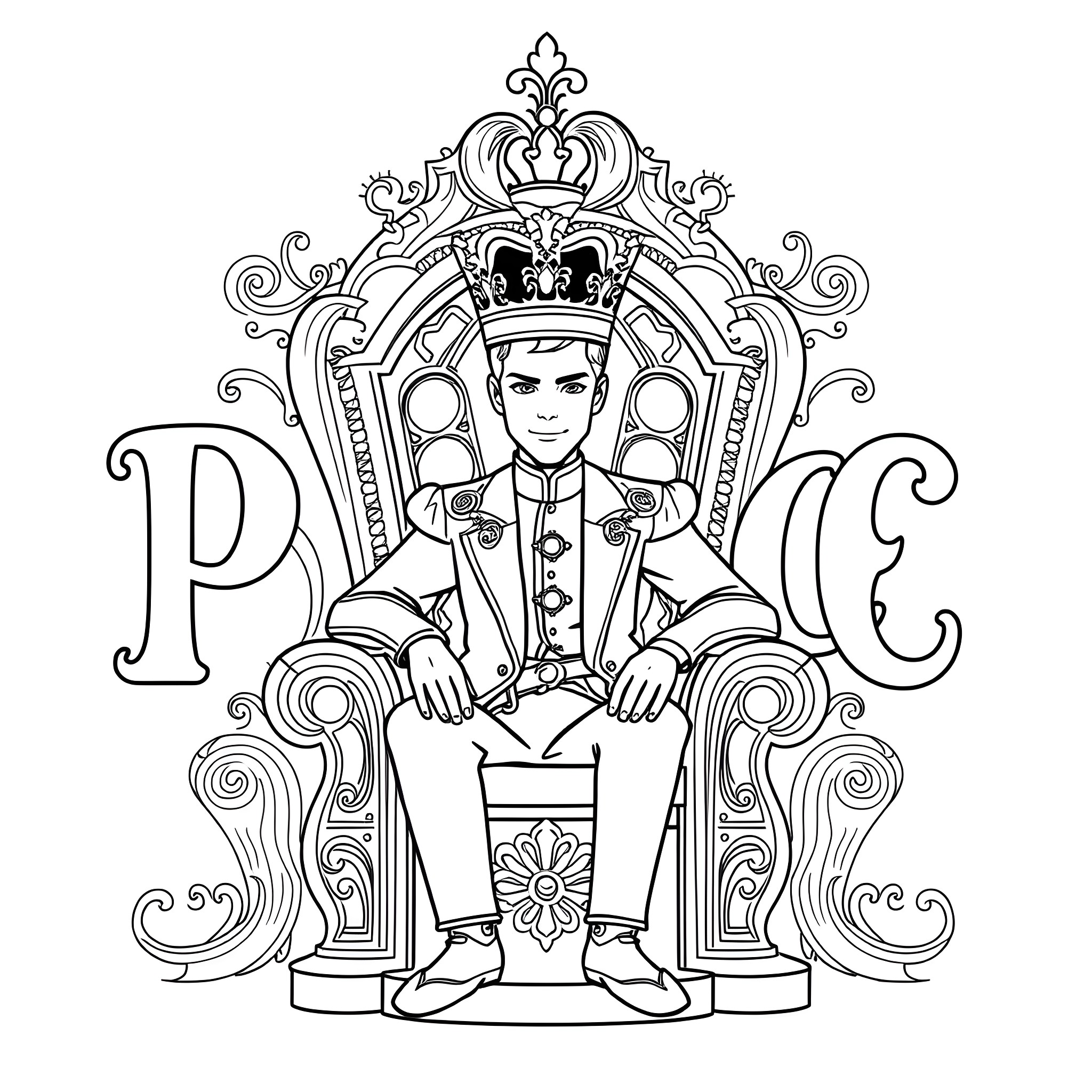Prince Sitting on an Ornate Throne Coloring Page (free black-and-white line drawing printable PDF for all, from beginners to advanced learners, including children, teens, adults, and seniors)