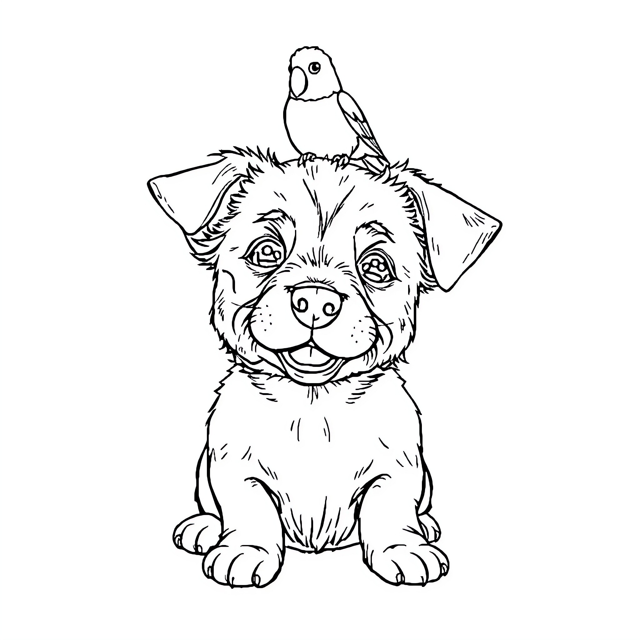 Dog with a playful bird on its head Coloring Page (free black-and-white line drawing printable PDF for all, from beginners to advanced learners, including children, teens, adults, and seniors)
