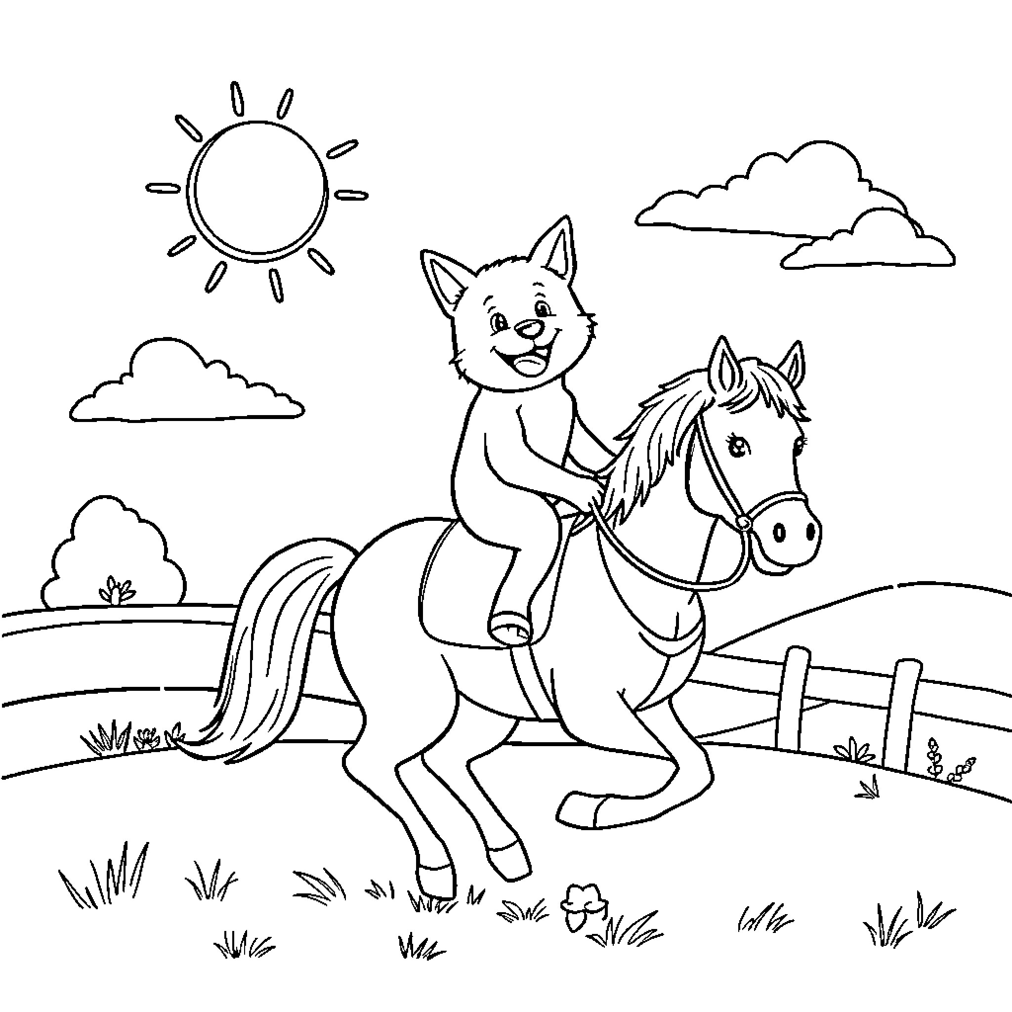 Catdog riding a horse in the countryside Coloring Page (free black-and-white line drawing printable PDF for all, from beginners to advanced learners, including children, teens, adults, and seniors)