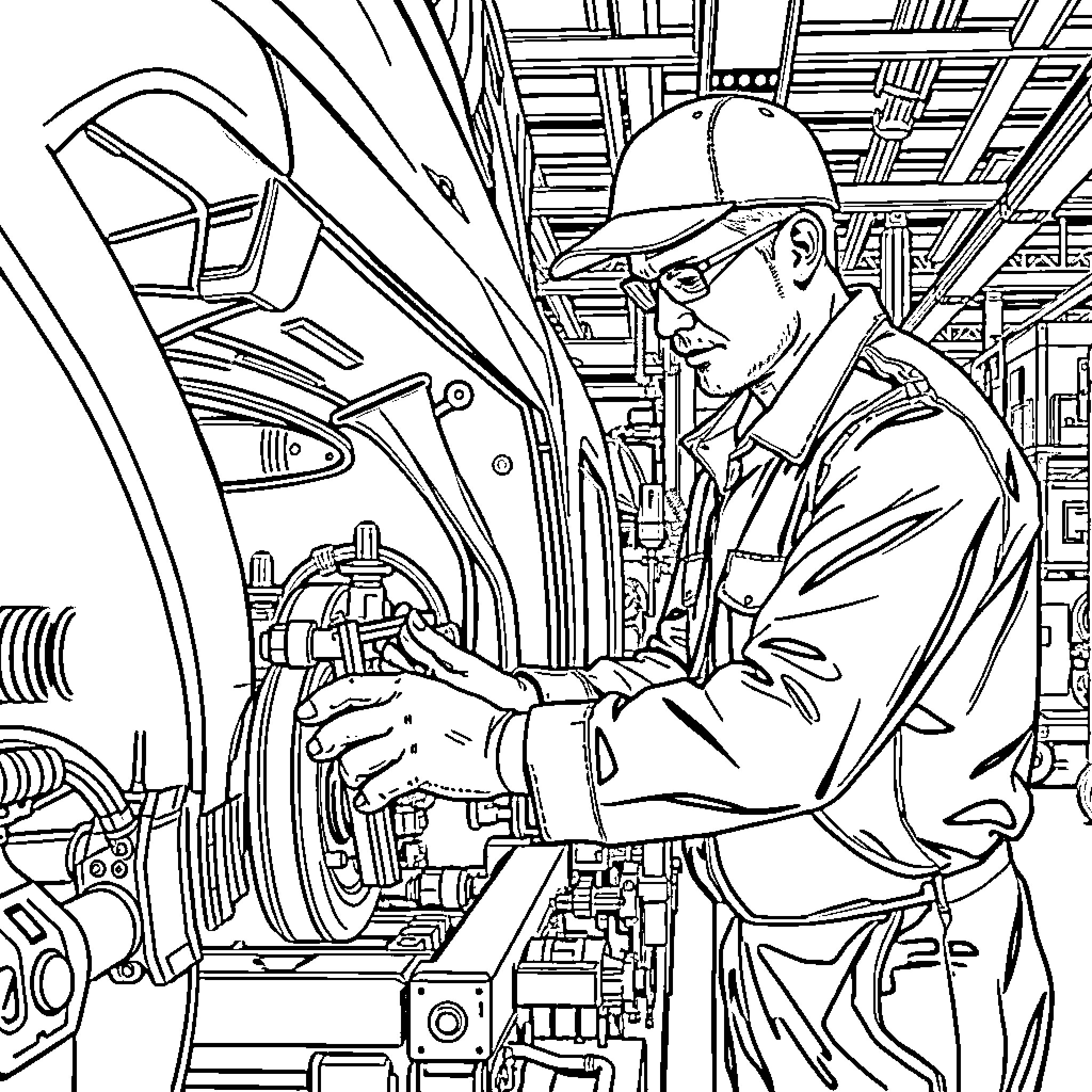 Vehicle Mechanic Repairing Engine in Workshop Coloring Page (free black-and-white line drawing printable PDF for all, from beginners to advanced learners, including children, teens, adults, and seniors)