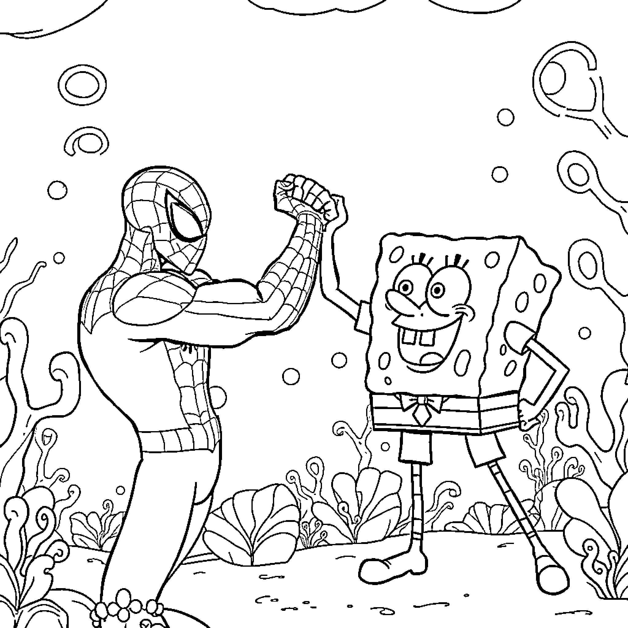 Spiderman and Spongebob in an underwater adventure Coloring Page (free black-and-white line drawing printable PDF for all, from beginners to advanced learners, including children, teens, adults, and seniors)