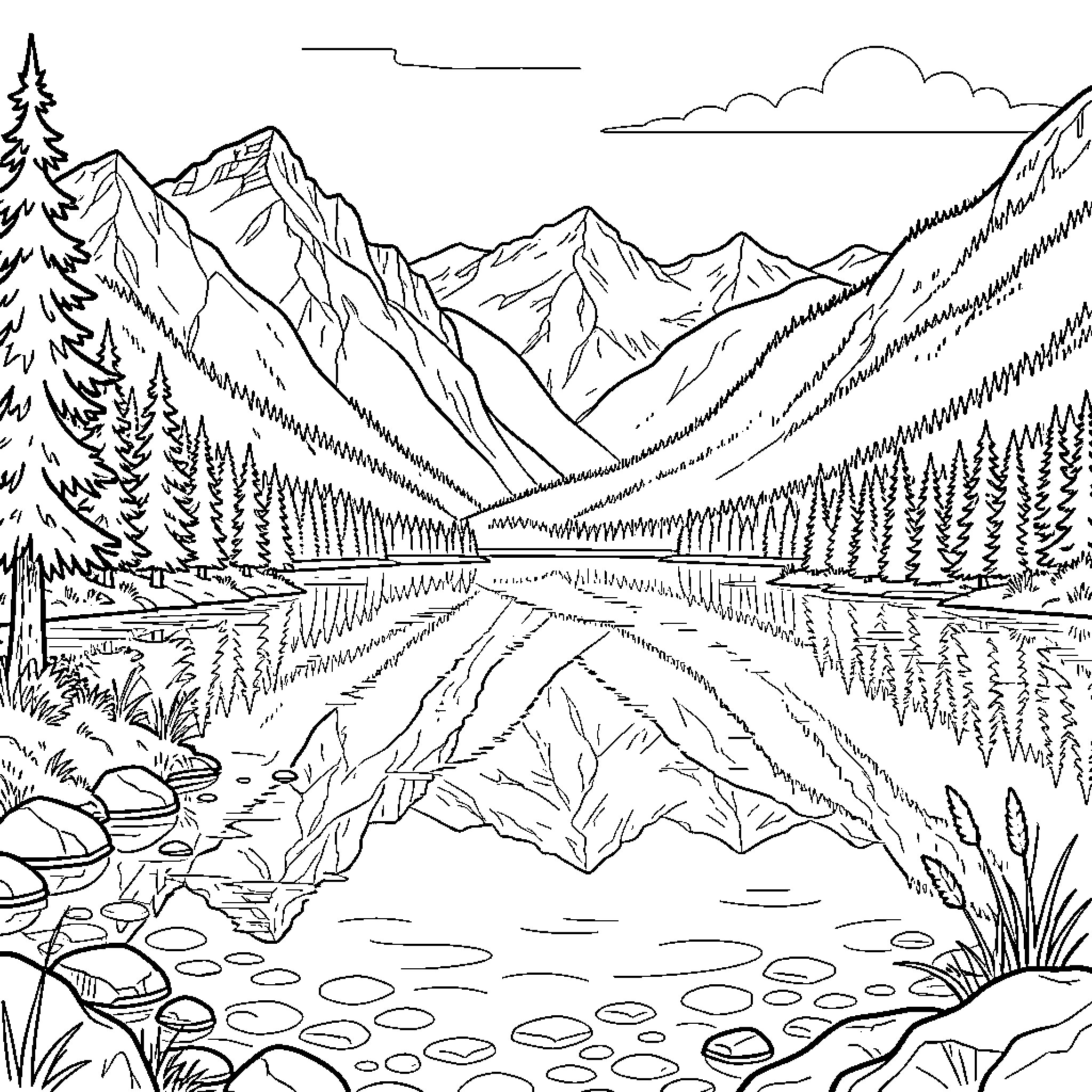 Lake surrounded by majestic mountains and evergreen trees Coloring Page (free black-and-white line drawing printable PDF for all, from beginners to advanced learners, including children, teens, adults, and seniors)