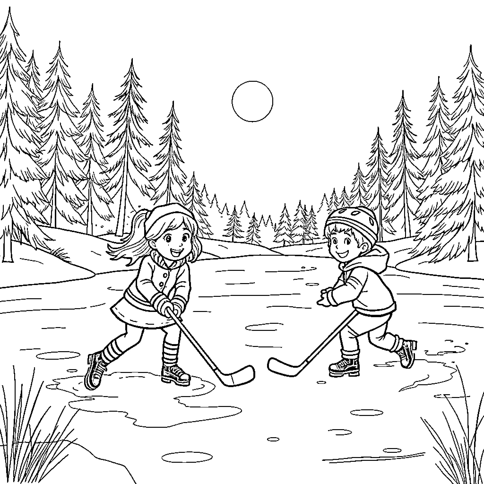 Hockey players on snowy rink in winter landscape Coloring Page (free black-and-white line drawing printable PDF for all, from beginners to advanced learners, including children, teens, adults, and seniors)