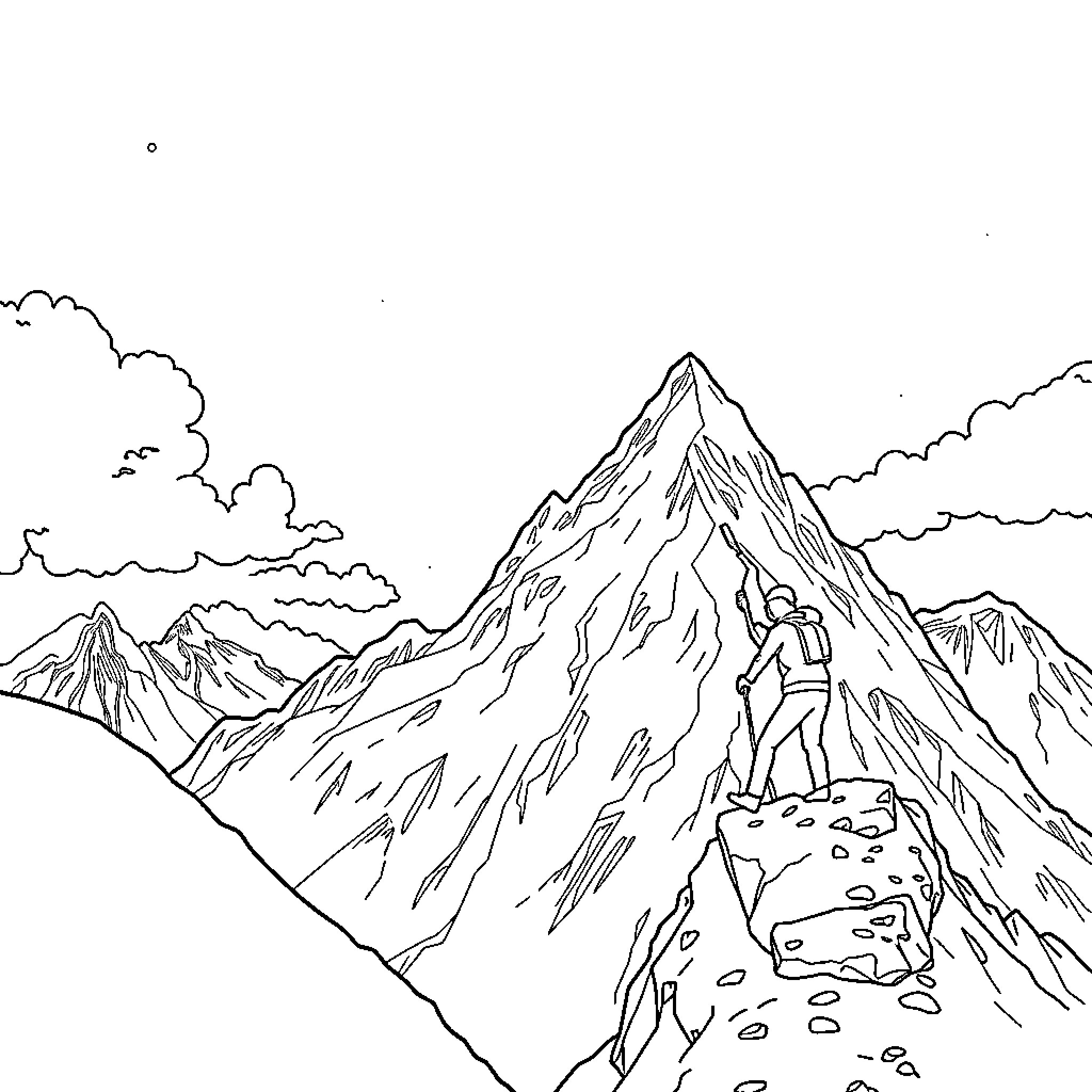 Toothbrush Scaling Snow-Capped Mountain Peaks Coloring Page (free black-and-white line drawing printable PDF for all, from beginners to advanced learners, including children, teens, adults, and seniors)