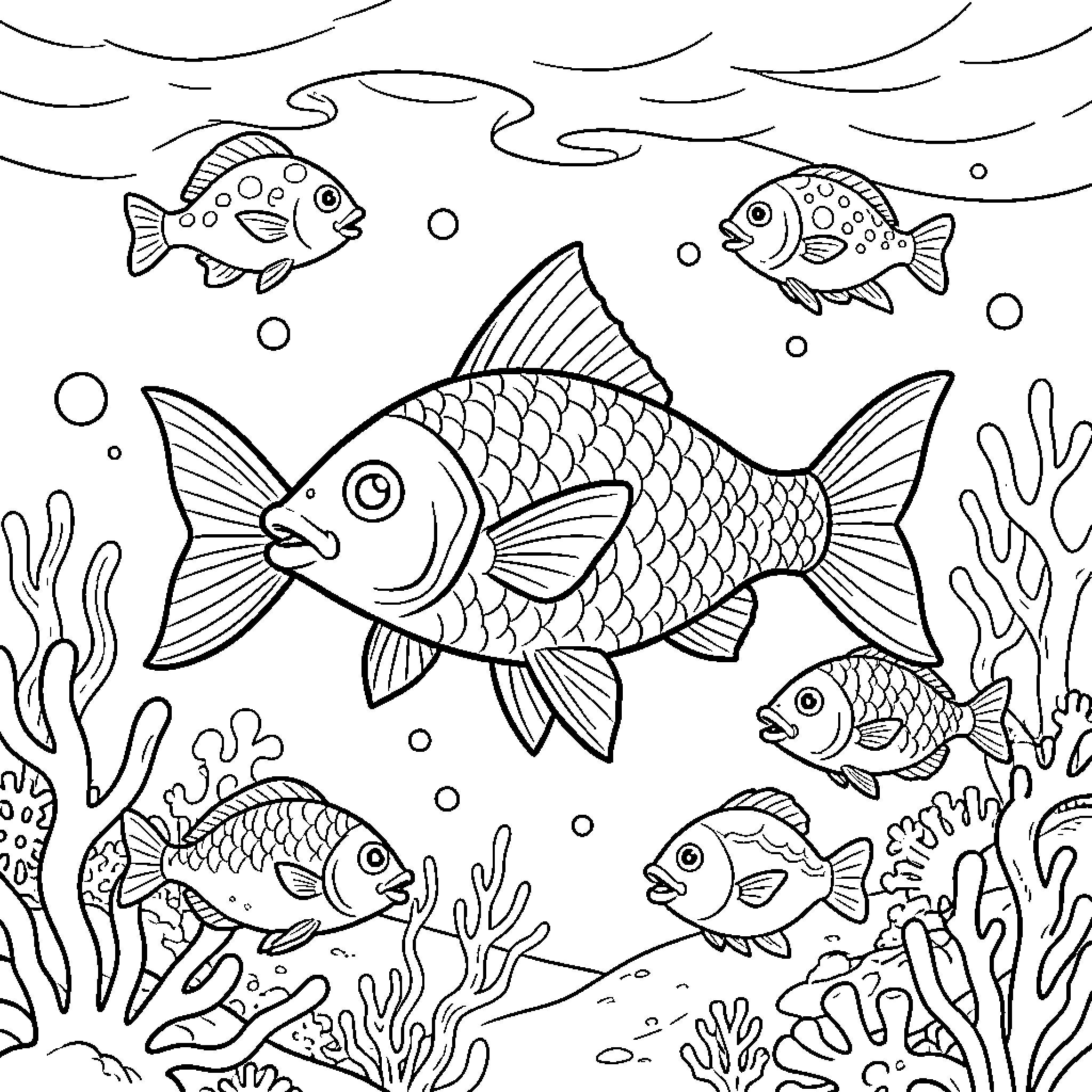 Fish swimming through a coral reef underwater scene Coloring Page (free black-and-white line drawing printable PDF for all, from beginners to advanced learners, including children, teens, adults, and seniors)