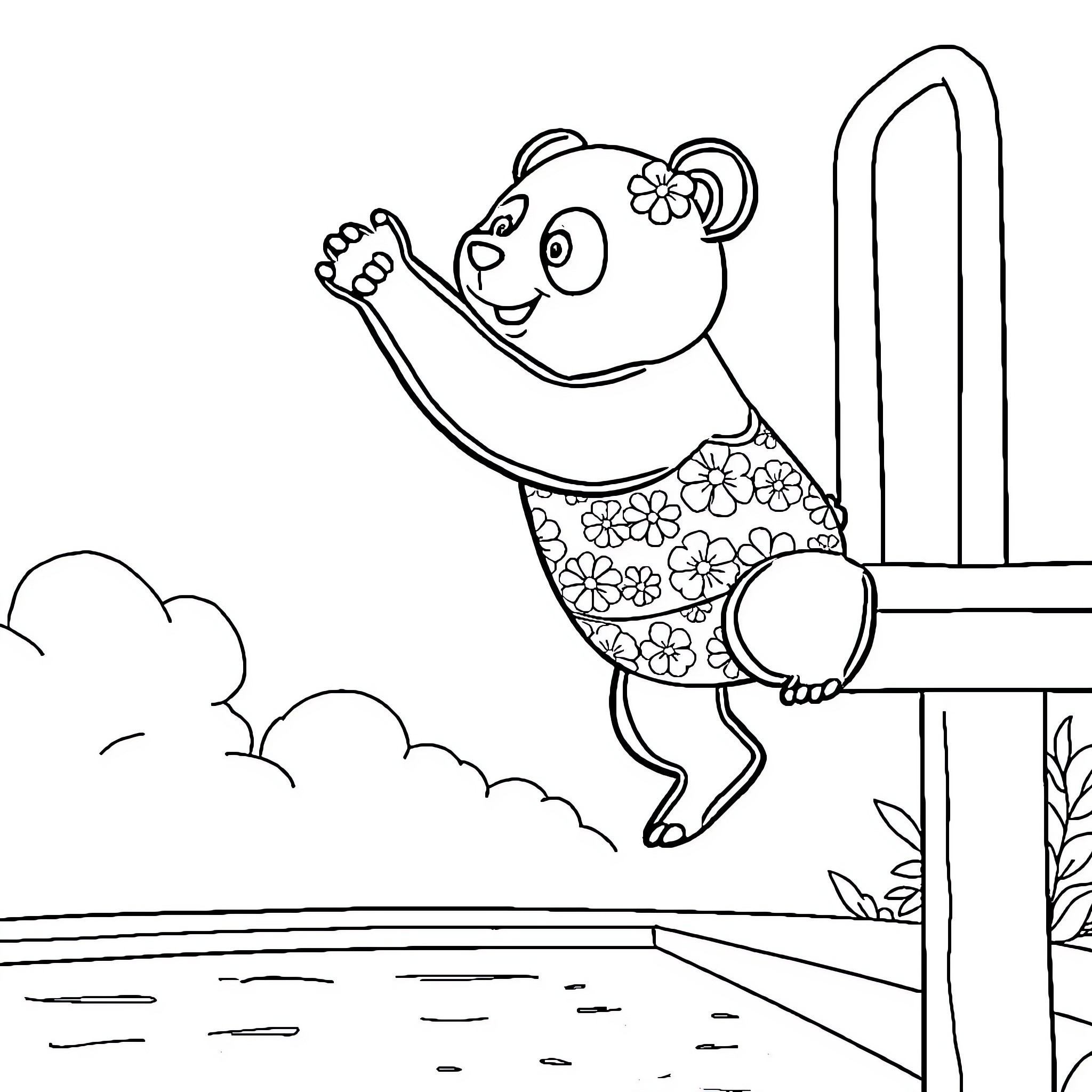 Panda jumping happily by the pool Coloring Page (free black-and-white line drawing printable PDF for all, from beginners to advanced learners, including children, teens, adults, and seniors)