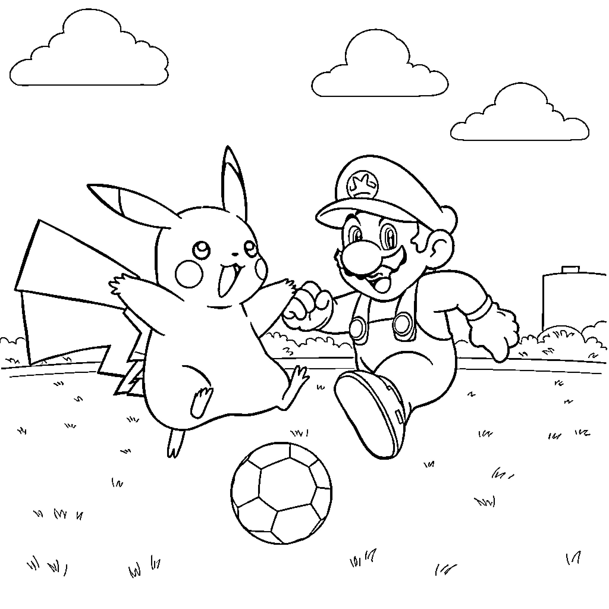 Pikachu playing soccer with Mario Coloring Page (free black-and-white line drawing printable PDF for all, from beginners to advanced learners, including children, teens, adults, and seniors)