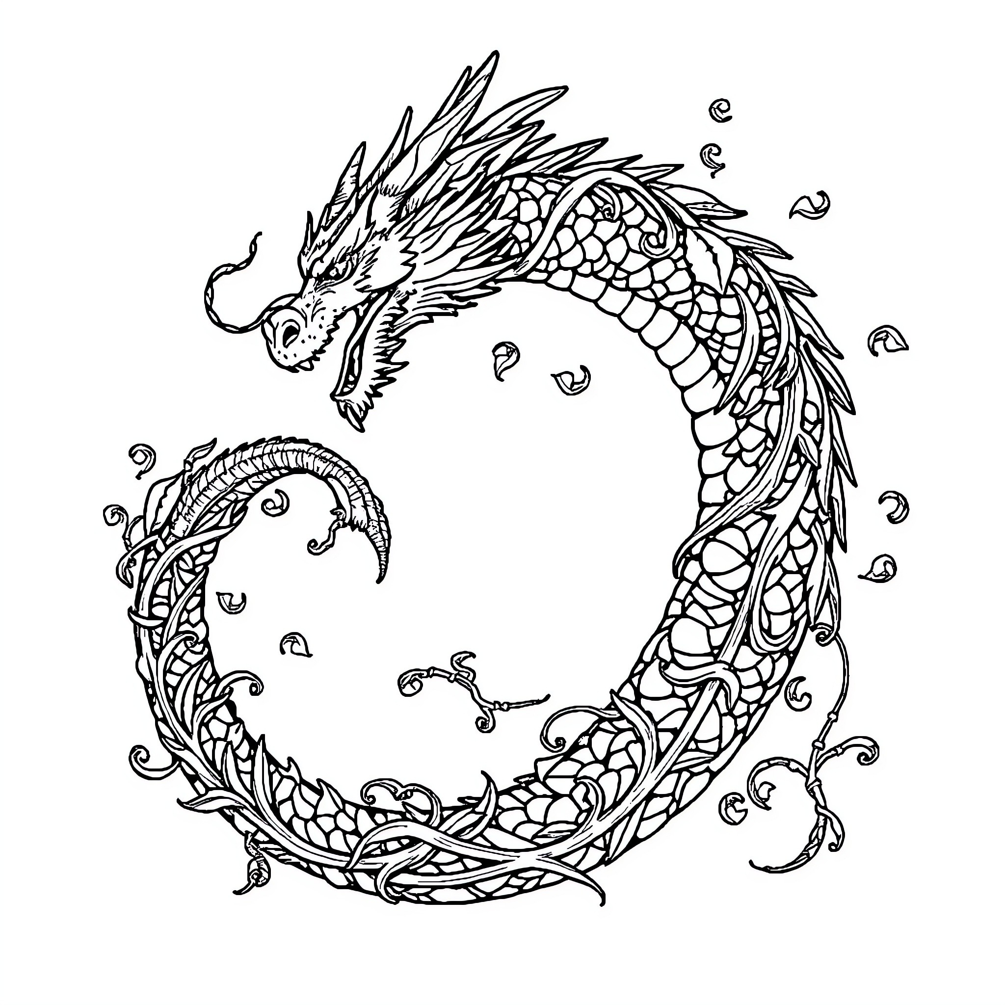 Dragon swimming in intricate swirling waves Coloring Page (free black-and-white line drawing printable PDF for all, from beginners to advanced learners, including children, teens, adults, and seniors)