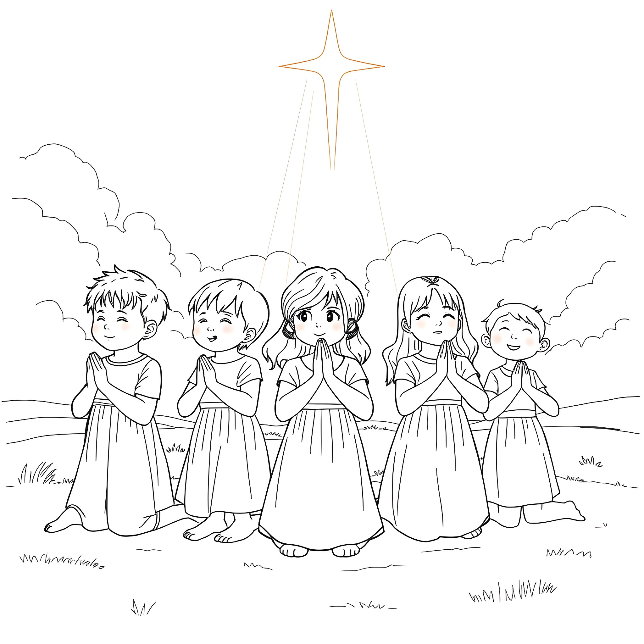 Kids praying under shining star in the night sky Coloring Page (free black-and-white line drawing printable PDF for all, from beginners to advanced learners, including children, teens, adults, and seniors)