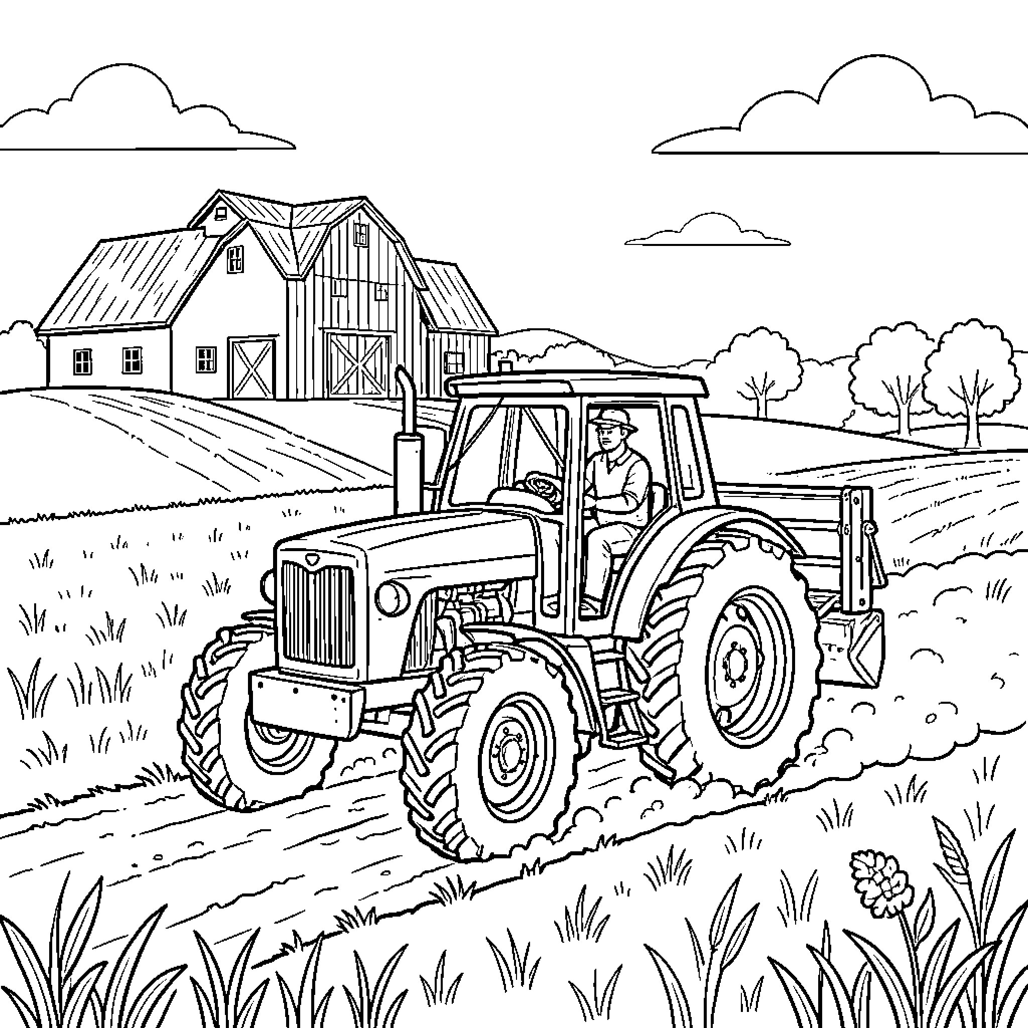 Tractor driven by a farmer through a field Coloring Page (free black-and-white line drawing printable PDF for all, from beginners to advanced learners, including children, teens, adults, and seniors)