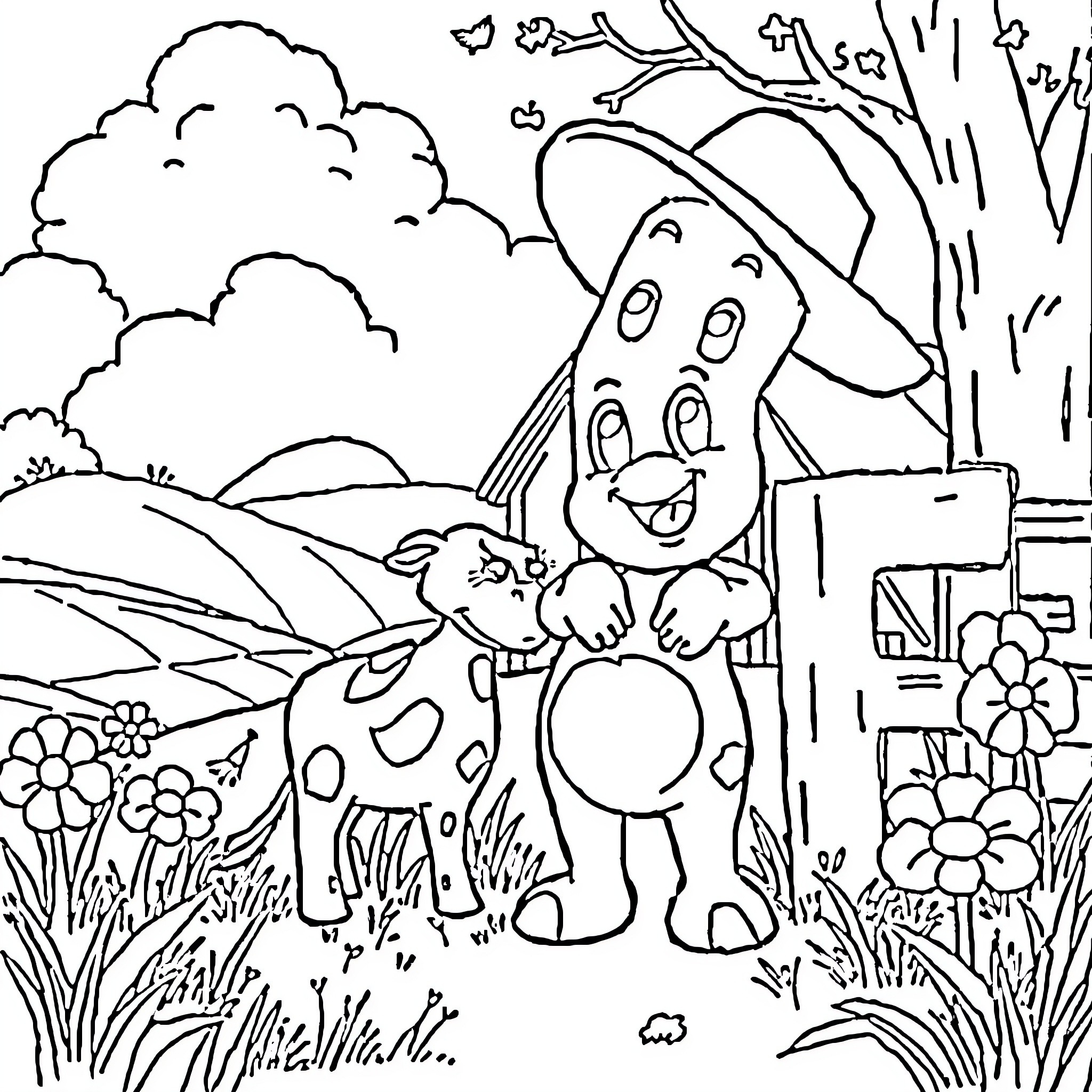 Bluey and friends explore the outdoors Coloring Page (free black-and-white line drawing printable PDF for all, from beginners to advanced learners, including children, teens, adults, and seniors)