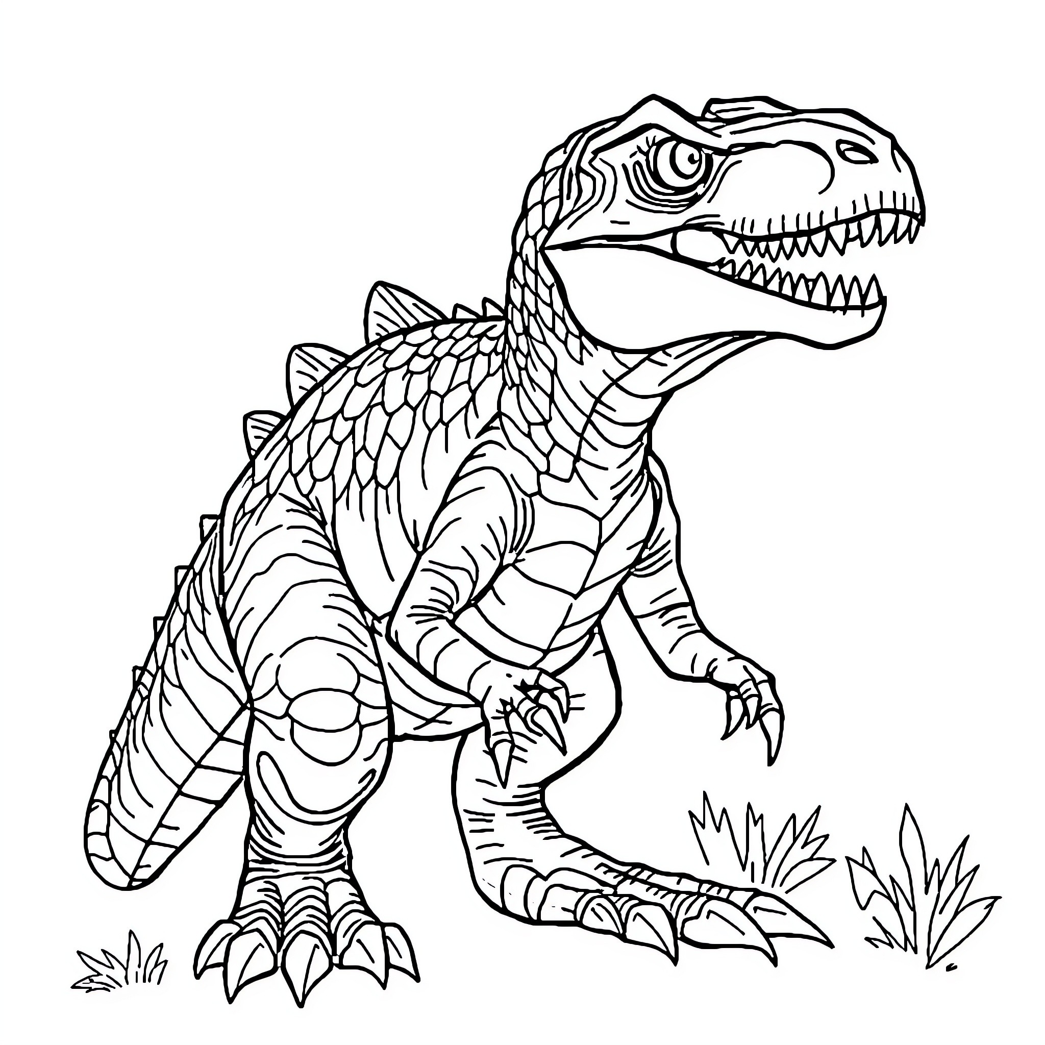 Raptor Roaring Fiercely in Wilderness Coloring Page (free black-and-white line drawing printable PDF for all, from beginners to advanced learners, including children, teens, adults, and seniors)
