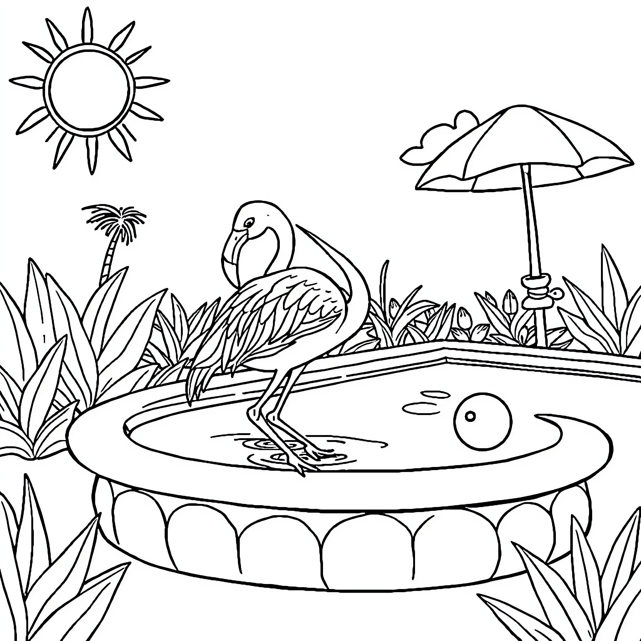 Flamingo relaxing in a tropical pool Coloring Page (free black-and-white line drawing printable PDF for all, from beginners to advanced learners, including children, teens, adults, and seniors)