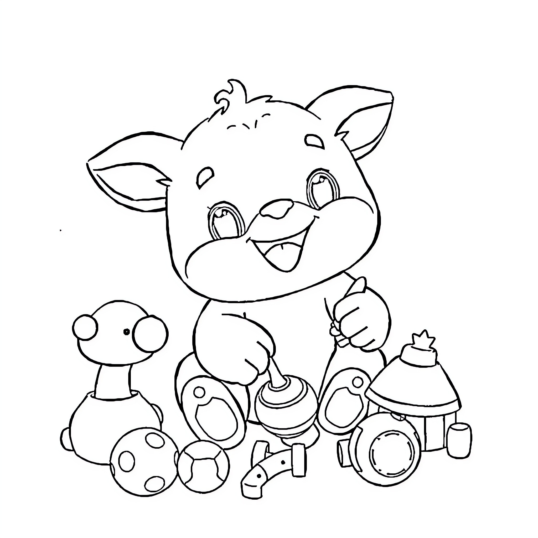 Labubu's Playful Toys Coloring Page (free black-and-white line drawing printable PDF for all, from beginners to advanced learners, including children, teens, adults, and seniors)