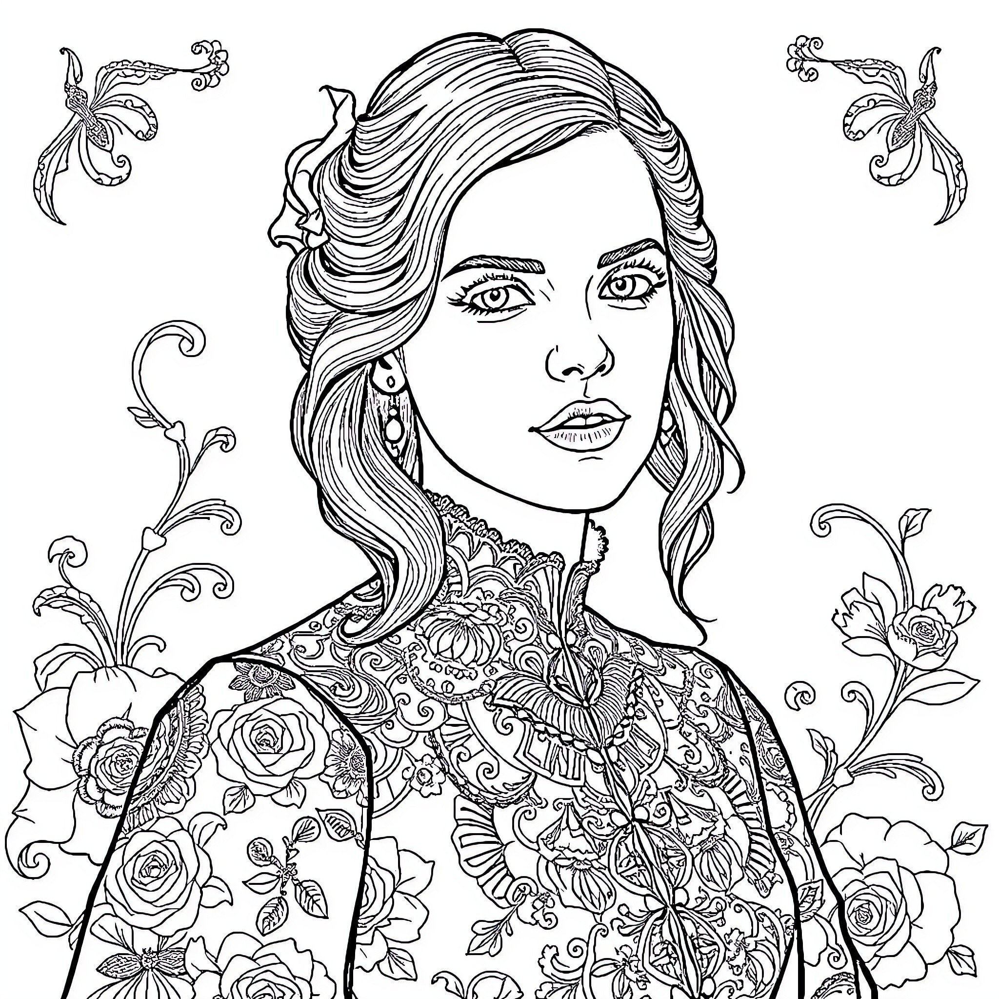 Emma Watson's Floral Aesthetic Coloring Page (free black-and-white line drawing printable PDF for all, from beginners to advanced learners, including children, teens, adults, and seniors)