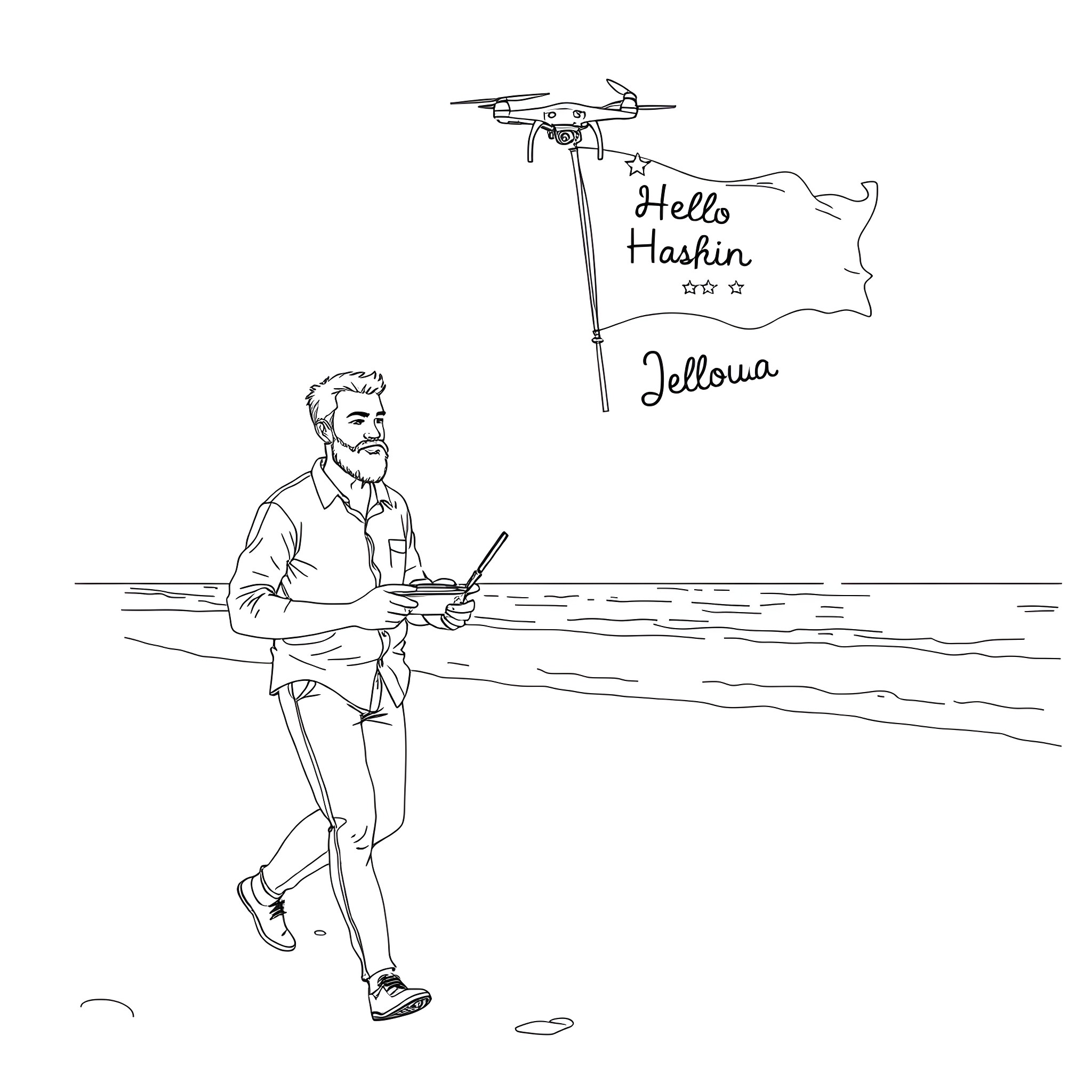 Man flying drone and carrying flag in scenic outdoor setting Coloring Page (free black-and-white line drawing printable PDF for all, from beginners to advanced learners, including children, teens, adults, and seniors)