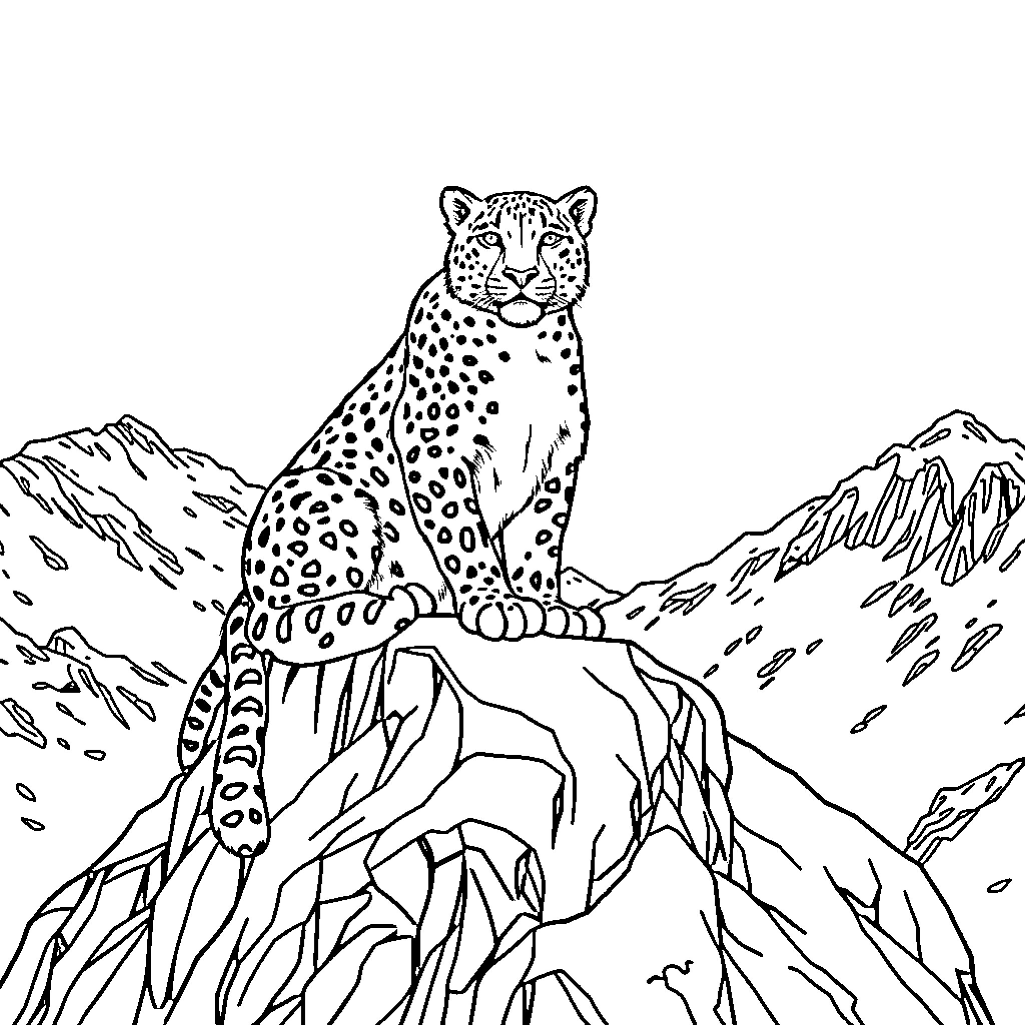 Snow Leopard perched atop a snowy mountain Coloring Page (free black-and-white line drawing printable PDF for all, from beginners to advanced learners, including children, teens, adults, and seniors)