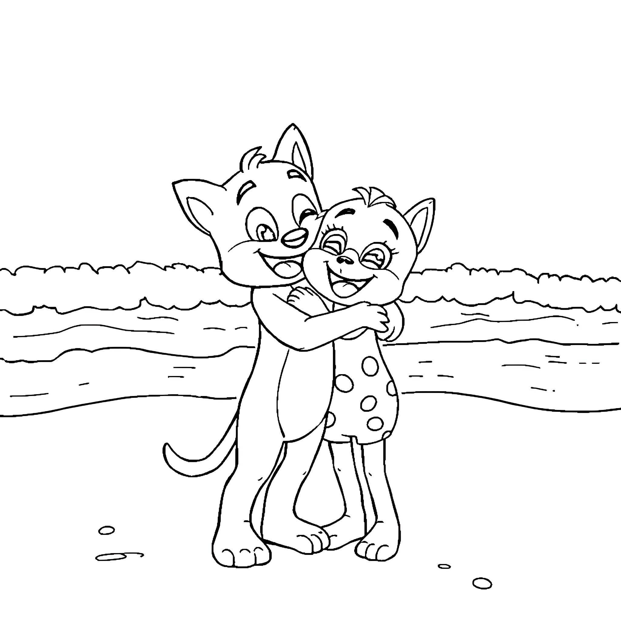 Bluey and Bingo playing happily on the beach Coloring Page (free black-and-white line drawing printable PDF for all, from beginners to advanced learners, including children, teens, adults, and seniors)