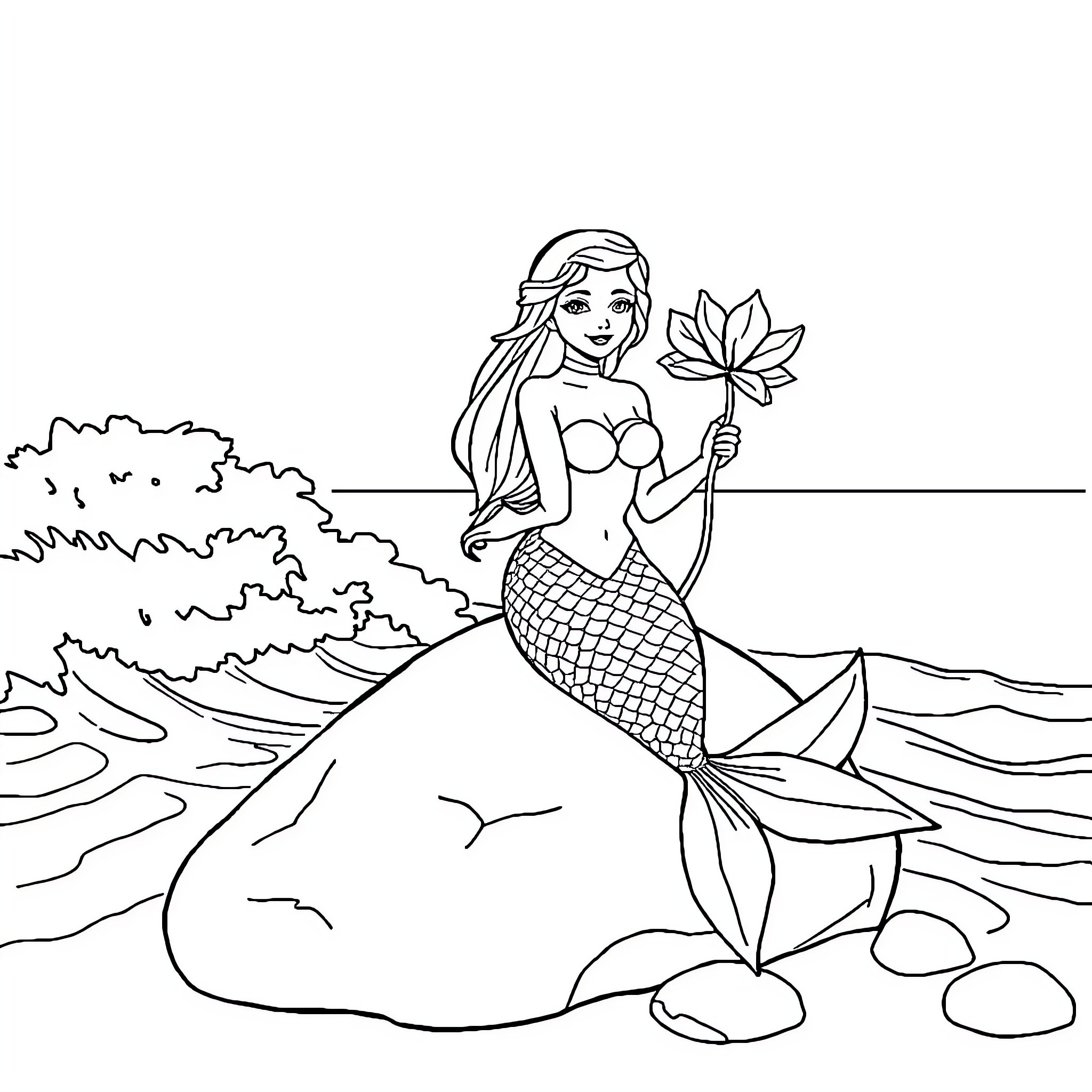 Mermaid holding a flower in the ocean Coloring Page (free black-and-white line drawing printable PDF for all, from beginners to advanced learners, including children, teens, adults, and seniors)