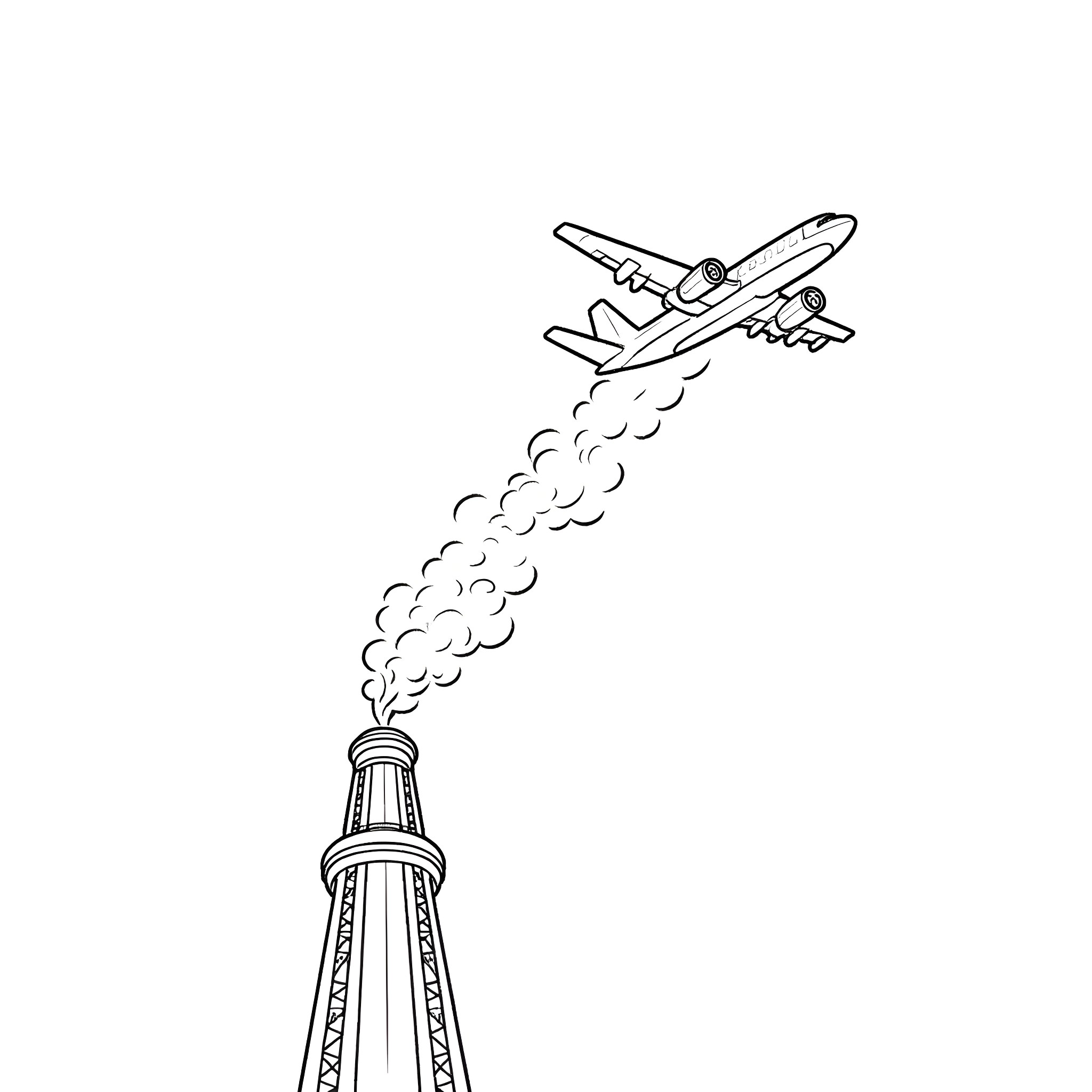 Plane taking off from tower Coloring Page (free black-and-white line drawing printable PDF for all, from beginners to advanced learners, including children, teens, adults, and seniors)