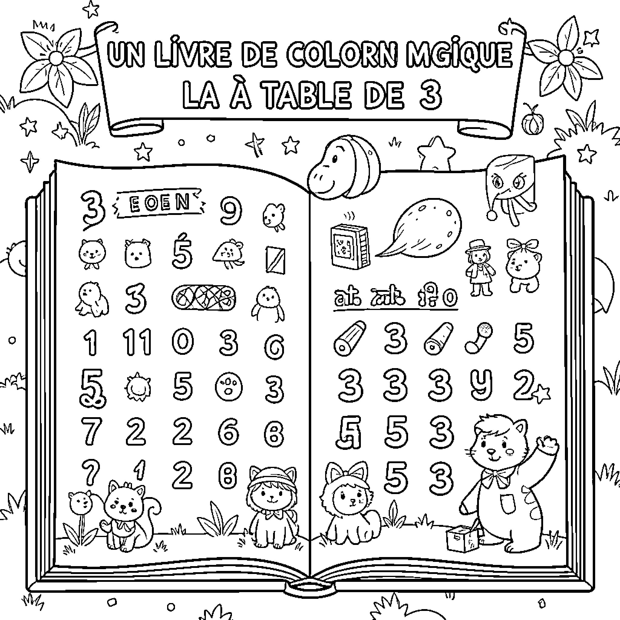 Magic math adventure with cute characters in an open book Coloring Page (free black-and-white line drawing printable PDF for all, from beginners to advanced learners, including children, teens, adults, and seniors)