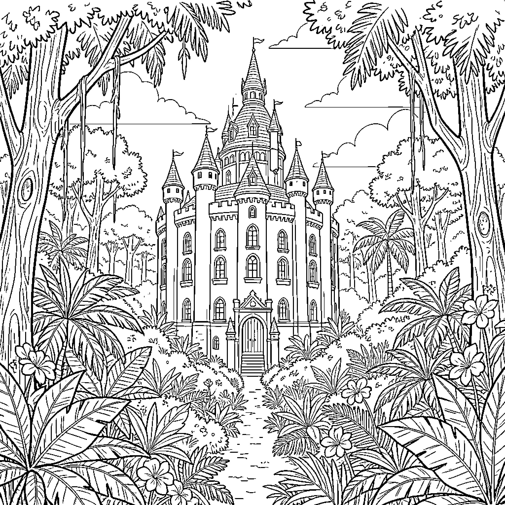 Château standing majestically amidst a lush tropical jungle Coloring Page (free black-and-white line drawing printable PDF for all, from beginners to advanced learners, including children, teens, adults, and seniors)