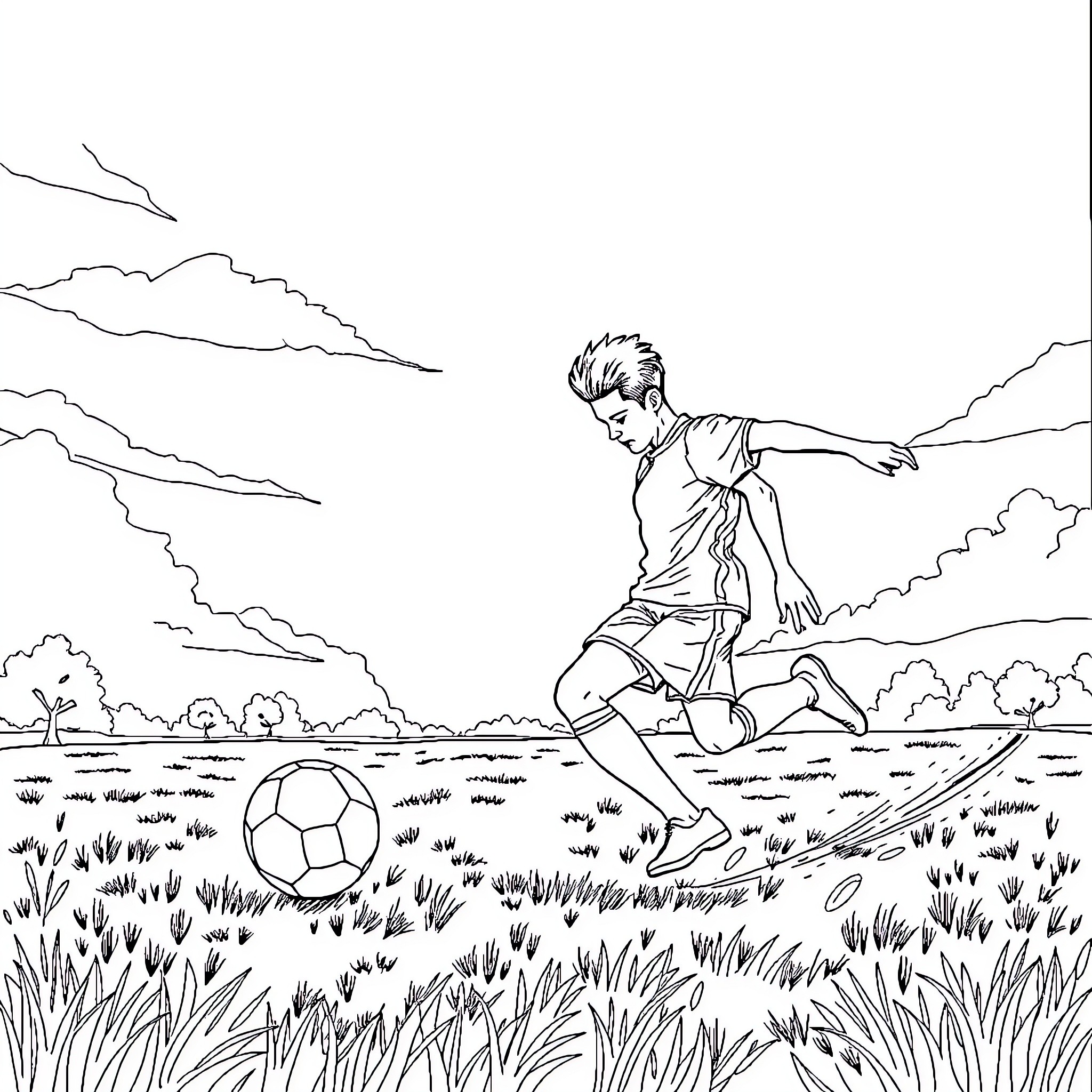 Tchoupi playing joyfully with a soccer ball in the countryside Coloring Page (free black-and-white line drawing printable PDF for all, from beginners to advanced learners, including children, teens, adults, and seniors)