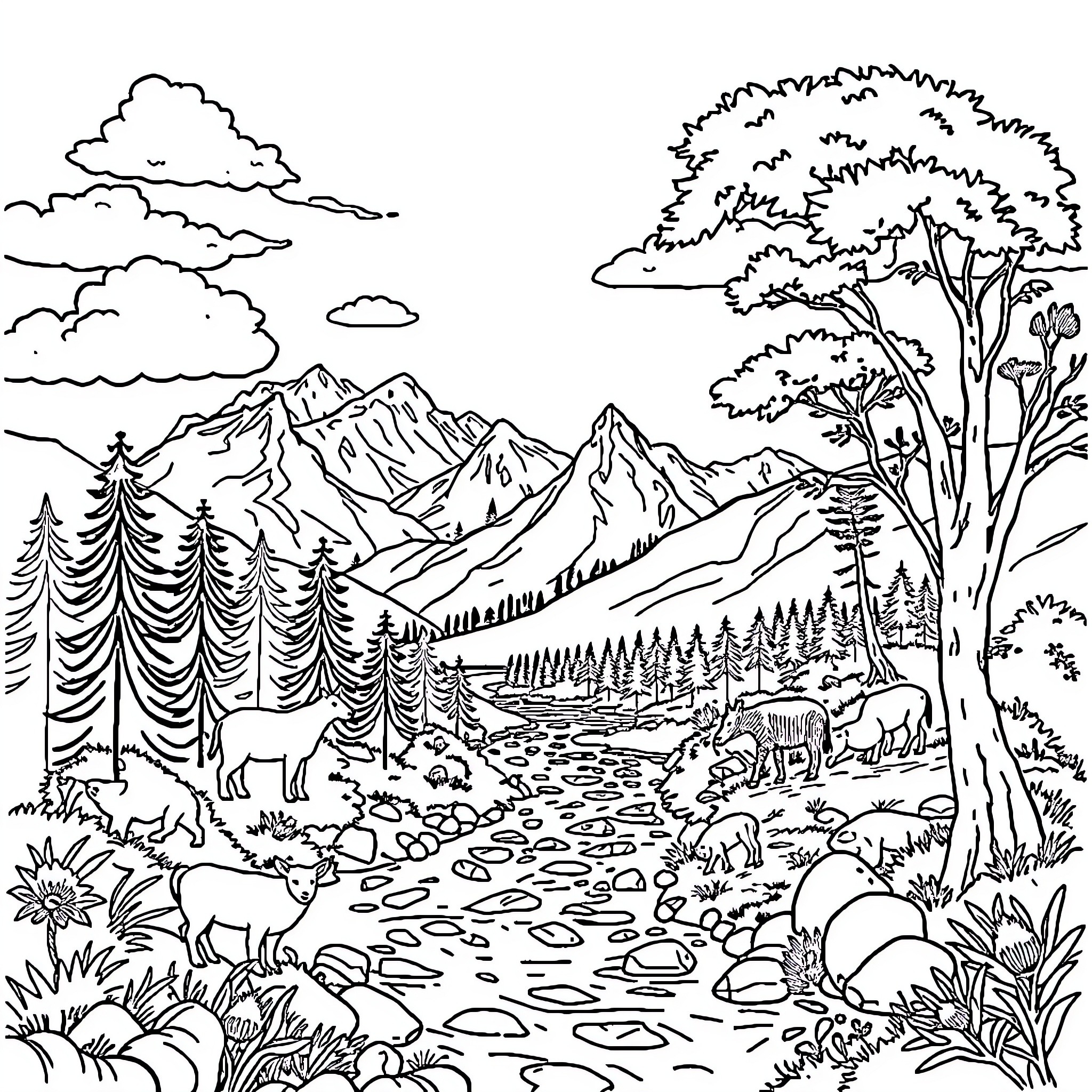 Animal Nature Landscape with Mountains and Trees Coloring Page (free black-and-white line drawing printable PDF for all, from beginners to advanced learners, including children, teens, adults, and seniors)