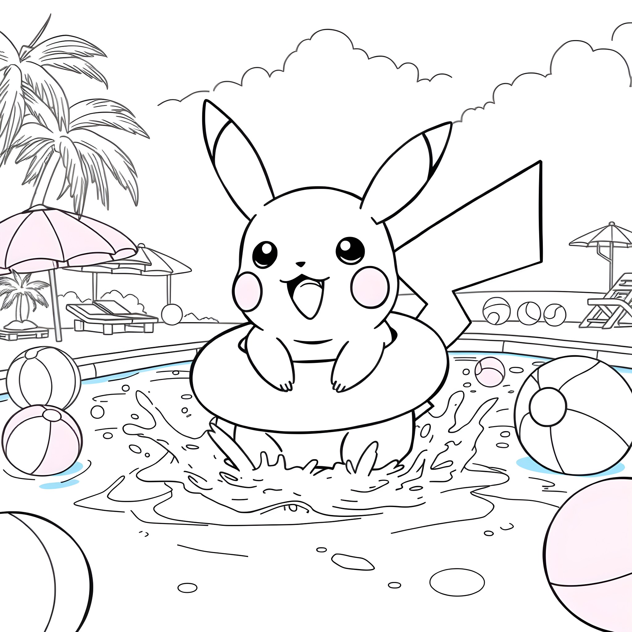 Pikachu relaxing at the beach with beach balls Coloring Page (free black-and-white line drawing printable PDF for all, from beginners to advanced learners, including children, teens, adults, and seniors)
