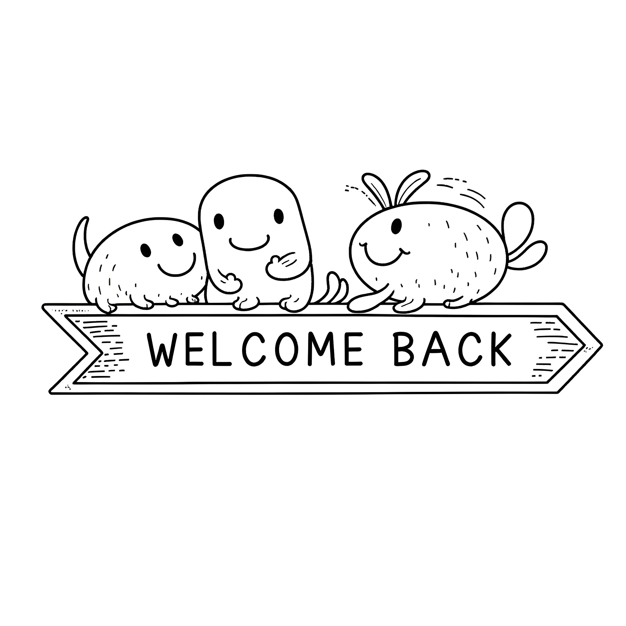 School cartoon characters welcoming back students Coloring Page (free black-and-white line drawing printable PDF for all, from beginners to advanced learners, including children, teens, adults, and seniors)