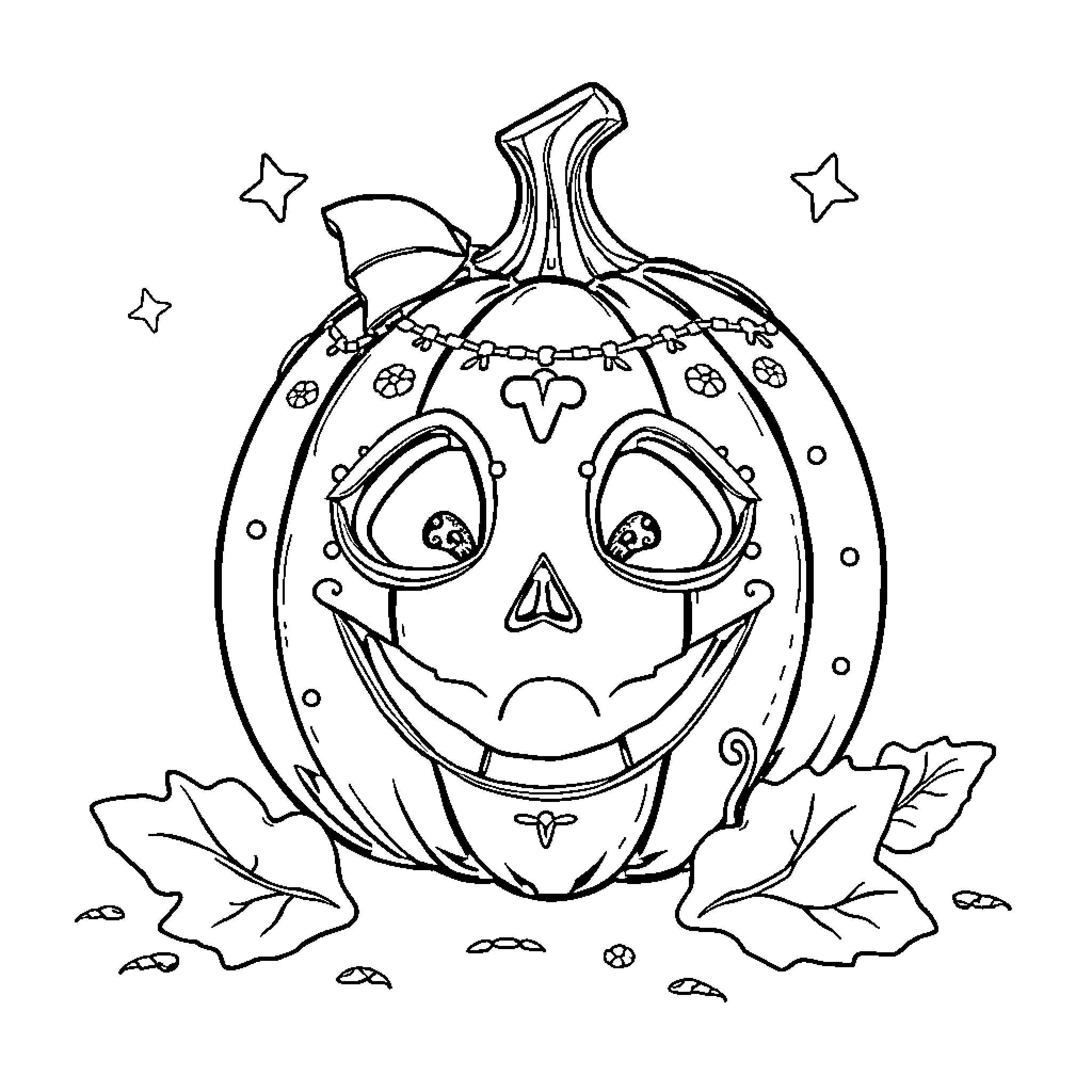 Calabaza - Smiling Jack-o'-lantern with Whimsical Decor Coloring Page (free black-and-white line drawing printable PDF for all, from beginners to advanced learners, including children, teens, adults, and seniors)