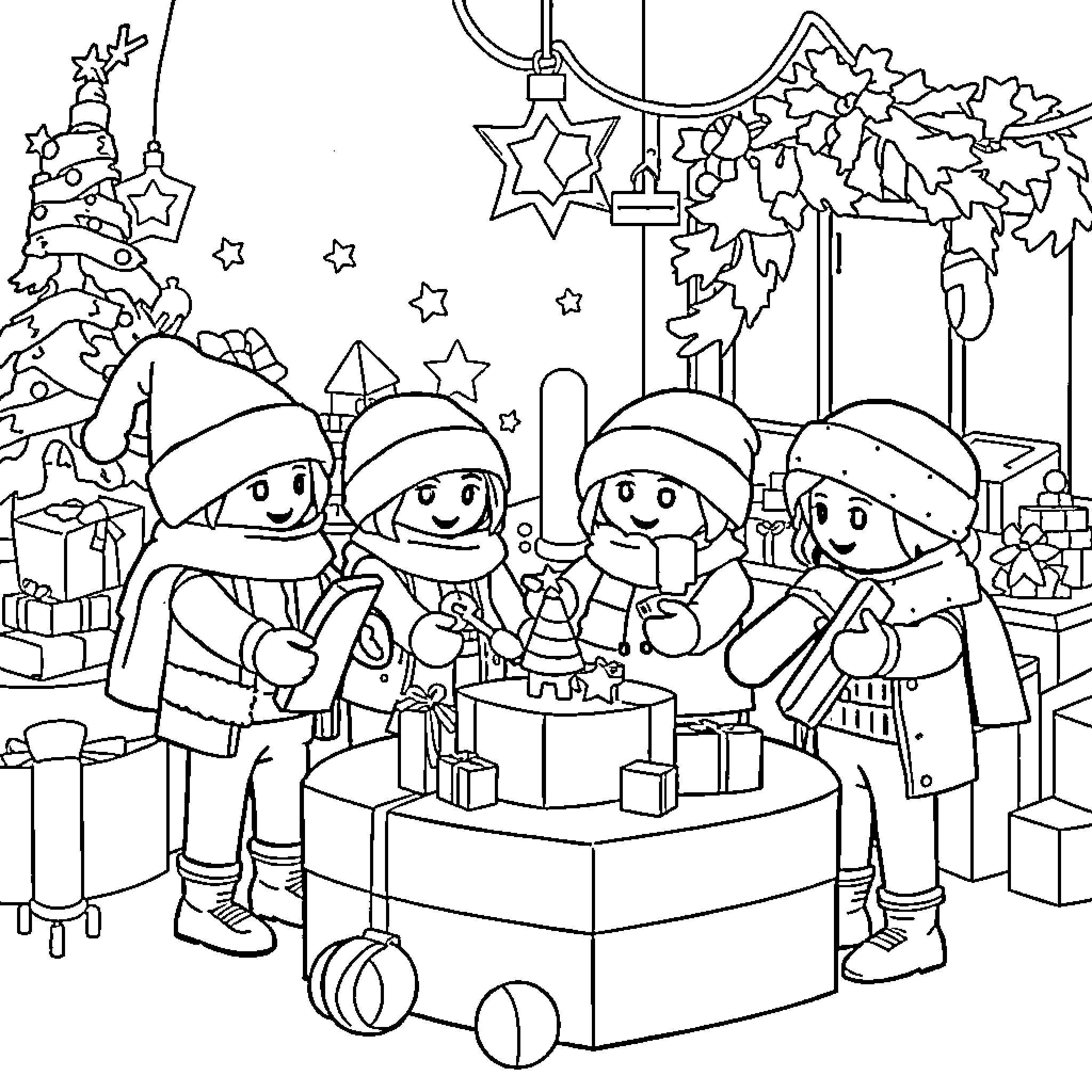Playmobil figures celebrating Christmas together Coloring Page (free black-and-white line drawing printable PDF for all, from beginners to advanced learners, including children, teens, adults, and seniors)