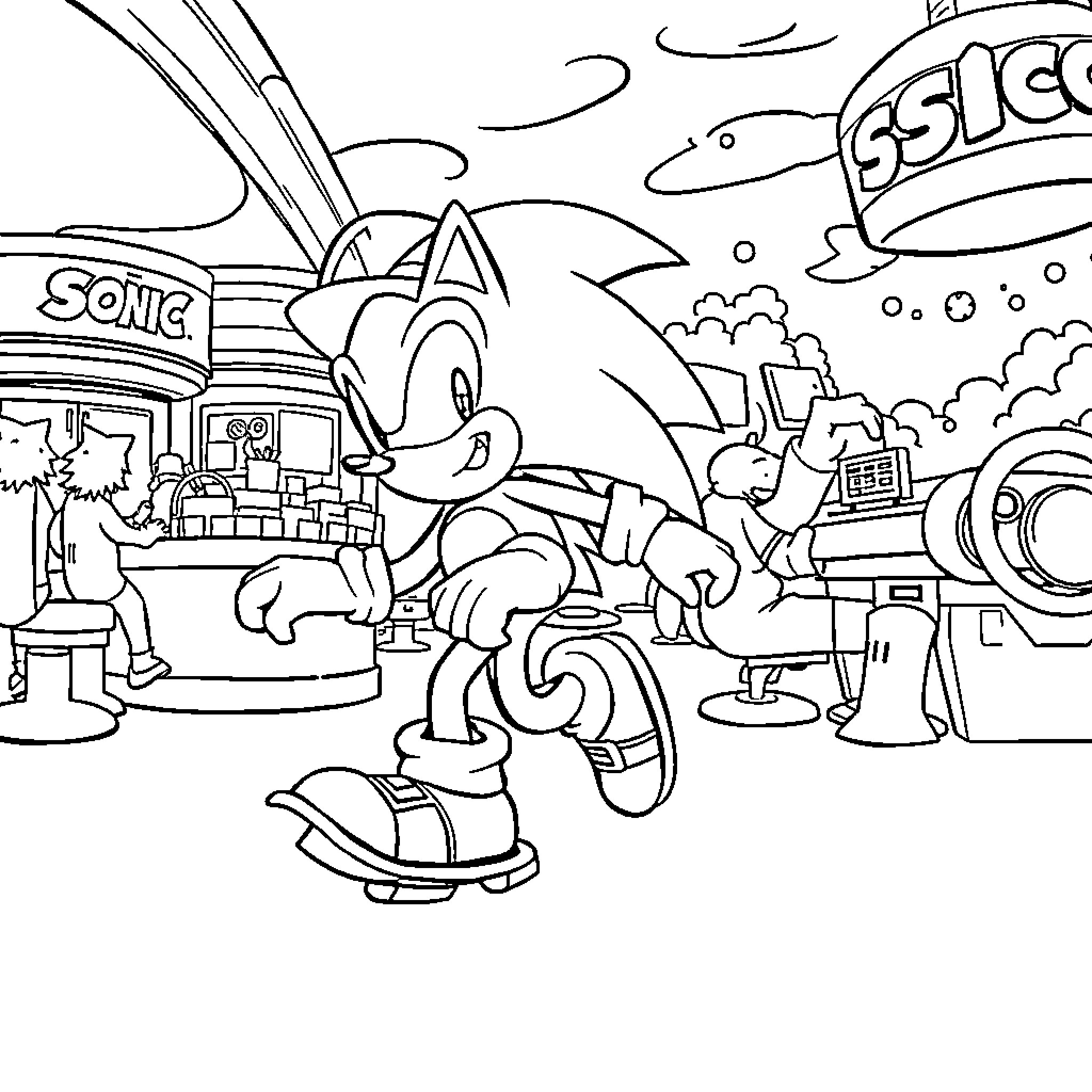 Sonic exploring an exciting adventure scene Coloring Page (free black-and-white line drawing printable PDF for all, from beginners to advanced learners, including children, teens, adults, and seniors)