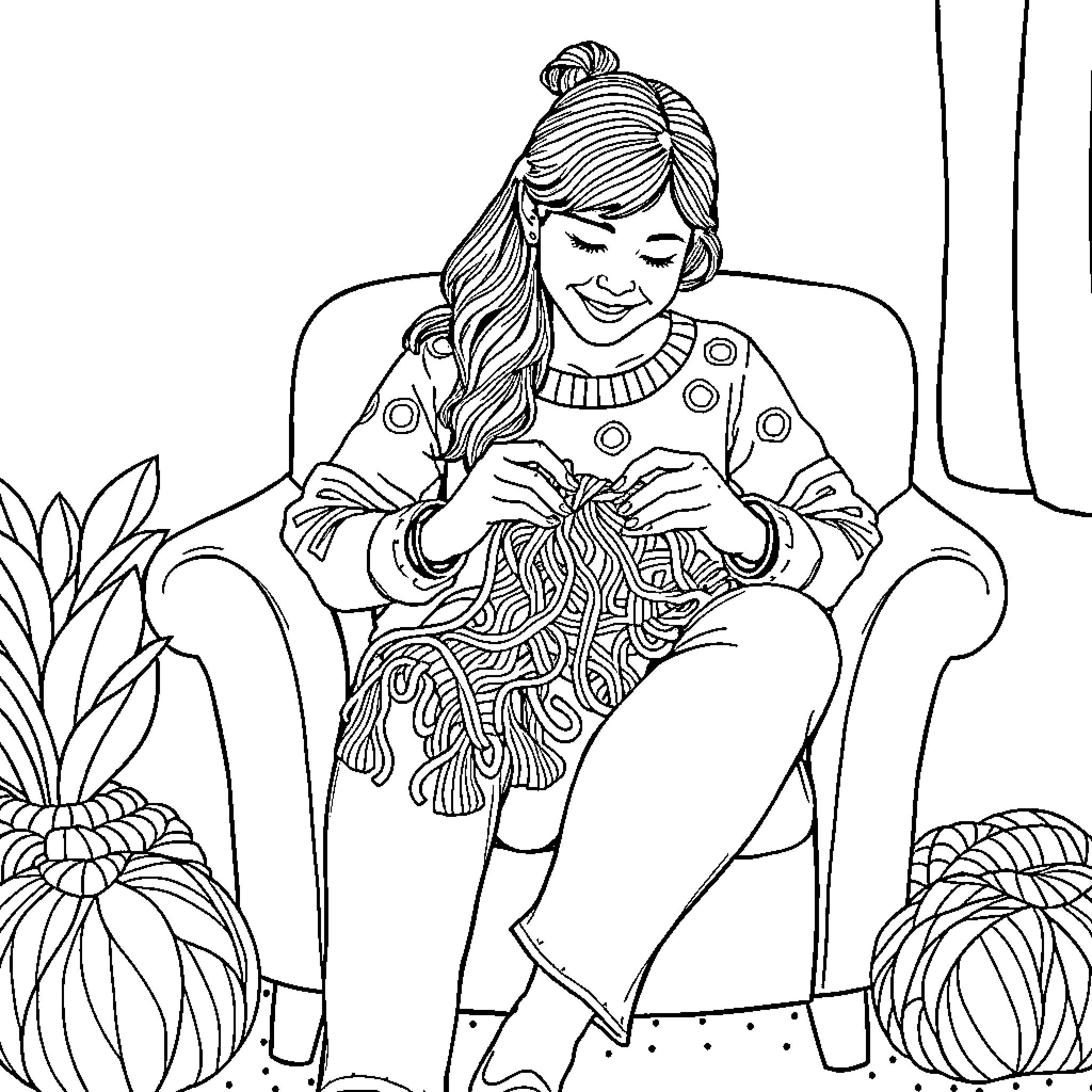 Crocheter relaxing in cozy armchair Coloring Page (free black-and-white line drawing printable PDF for all, from beginners to advanced learners, including children, teens, adults, and seniors)