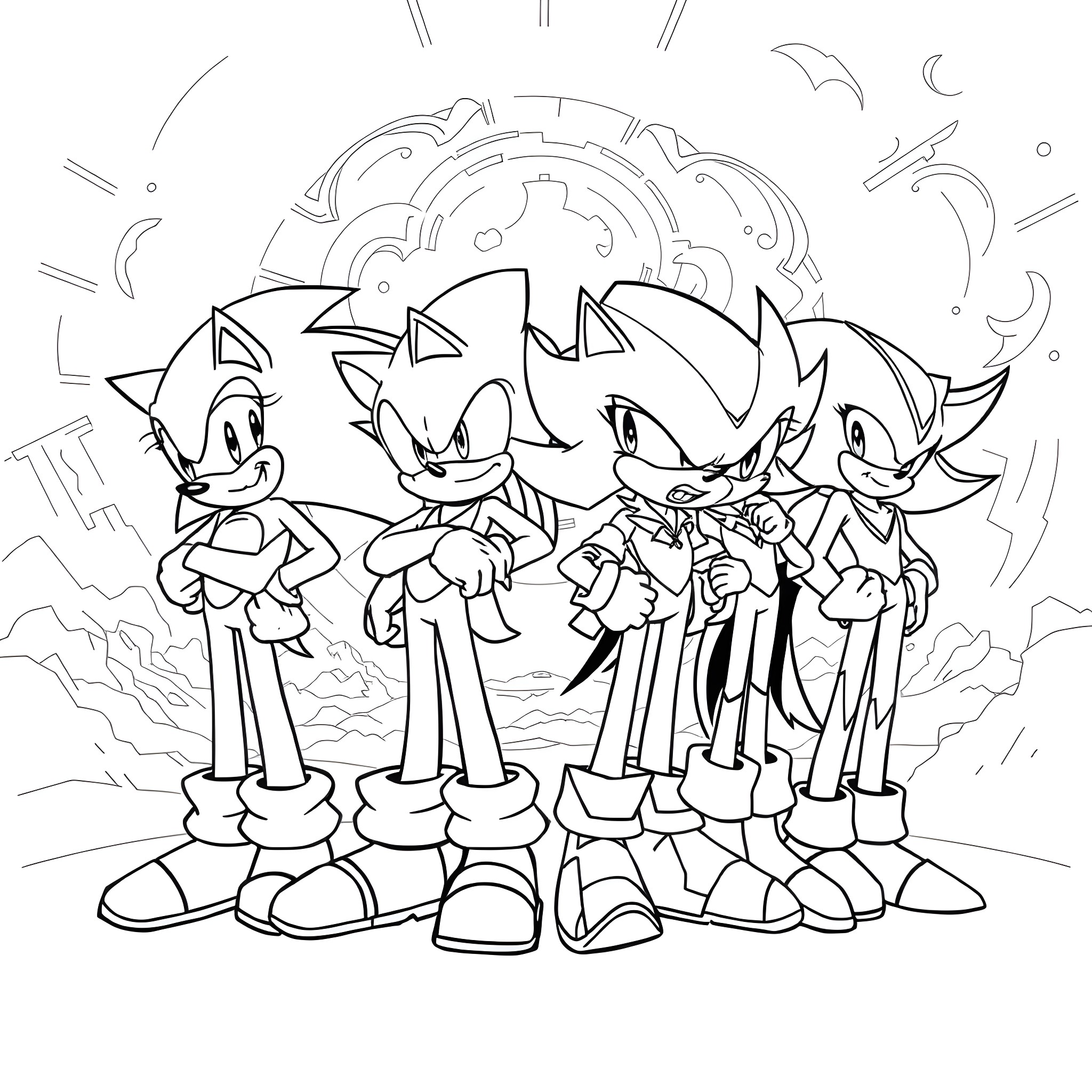 Sonic and Friends in Action Coloring Page (free black-and-white line drawing printable PDF for all, from beginners to advanced learners, including children, teens, adults, and seniors)