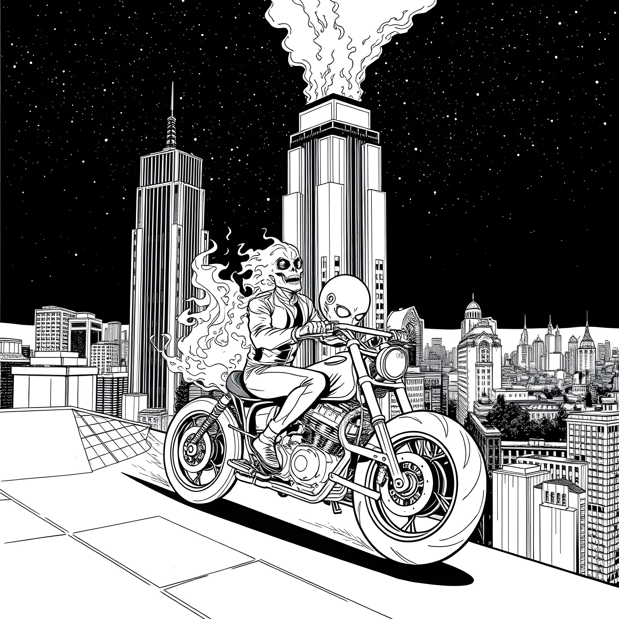 Ghost Rider racing through the city on a fiery motorcycle Coloring Page (free black-and-white line drawing printable PDF for all, from beginners to advanced learners, including children, teens, adults, and seniors)